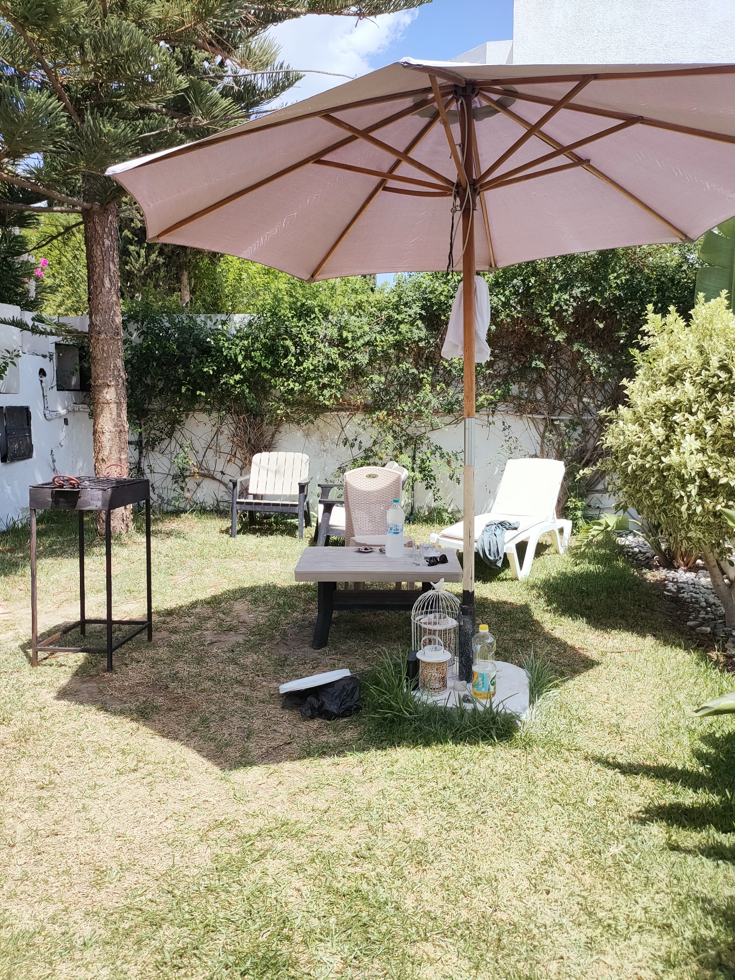 The image depicts a sun-drenched outdoor patio area in Mrezga, Tunisia. In the foreground, a large, light-colored umbrella shades a grassy yard. To the left, a dark metal barbecue grill stands on the lawn, with two metal tongs resting on its grate. A brown wooden tree trunk is situated behind the grill. Further back, a rustic wooden picnic table holds a plastic bottle of water, glasses, and a small decorative birdcage with some items inside. To the right of the table, a white plastic lounge chair is positioned on the grass, with a dark garment draped over it. Behind the lounge chair, a lush green bush with lighter-colored variegation is visible. The background features a white stucco wall partially covered in dense green foliage and climbing vines. A portion of a white building is visible in the upper right quadrant of the image. The scene is set under a clear blue sky with scattered white clouds, suggesting a warm day.
