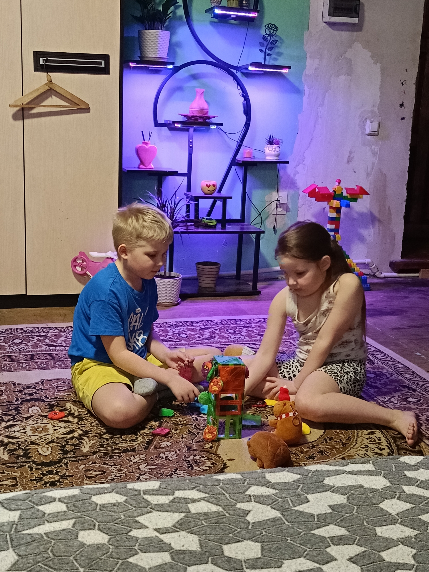 The image captures two children, a boy and a girl, engrossed in play on a patterned rug in a domestic setting, likely in Chaikovsky, Russia. The blonde-haired boy, wearing a blue t-shirt and yellow shorts, sits on the left, while the dark-haired girl, in a patterned tank top and leopard print shorts, is on the right. Between them are various toys, including a small plastic building or house structure, and other colorful pieces. Behind the girl stands a taller, multi-colored building block creation resembling an animal. Plush toys are also visible on the rug near the girl.
The room exhibits a mix of decor and unfinished elements. On the left, a light-colored wardrobe has a wooden hanger. Against the wall, a prominent black, arched shelving unit is illuminated by blue and purple LED lights, holding various potted plants, pink vases, and heart-shaped diffusers. The wall itself shows sections of green paint next to areas of exposed plaster, with an electrical panel and an outlet visible. The floor is mostly covered by two distinct patterned rugs. The artificial lighting suggests an evening or nighttime scene. The children appear calm and absorbed in their game. No discernible text is clearly visible.