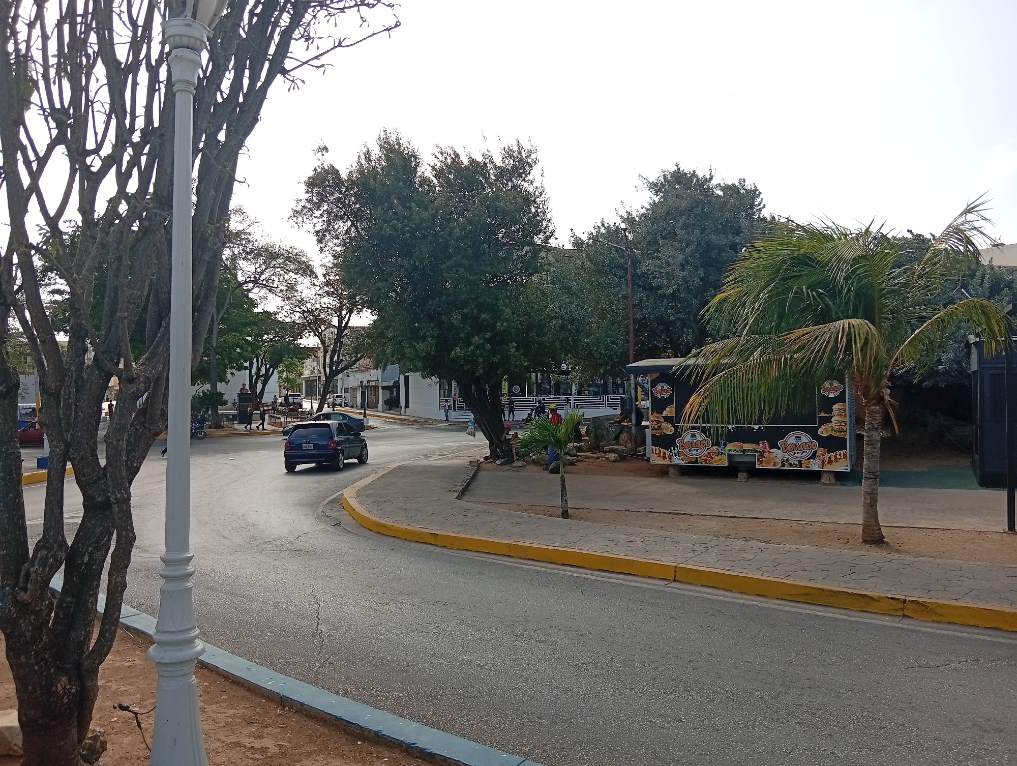 The image depicts a street scene in Juan Griego, Venezuela. A black car is driving on the road, which curves to the left. A white street light stands on the left side of the road, near a tree. There is a food truck advertising "Bonaco Burger" on the right side of the road, next to a palm tree. Buildings and other trees are visible in the background. People can be seen walking on the sidewalks in the background. The sky is overcast.