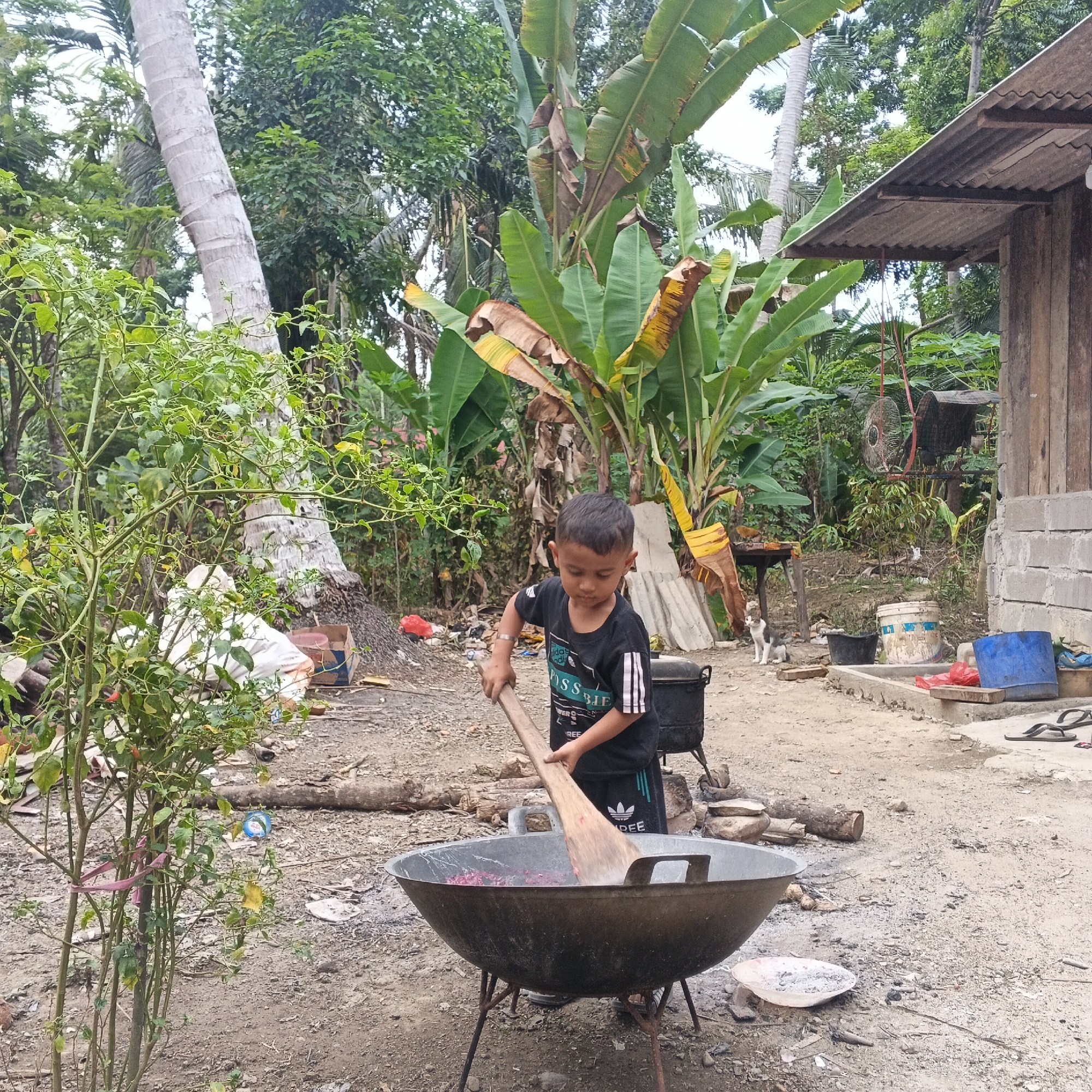 In an outdoor, rural setting, a young boy is stirring a large pot of what appears to be food over a fire pit. He is wearing a black t-shirt with white stripes on the sleeves and black shorts with white stripes. The pot is a wide, shallow wok-like vessel supported by a metal tripod. The surroundings are rustic, with banana trees and other vegetation visible in the background. A simple wooden structure with a corrugated metal roof is present to the right. Various objects, including plastic containers, wood, and debris, are scattered on the dirt ground. A cat is visible in the background, near the wooden structure. The lighting suggests it is daytime.
