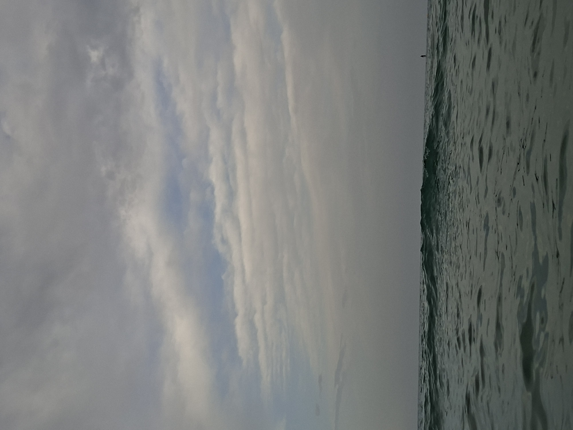 The image captures a wide view of the sea with a cloudy sky above. The camera is positioned at sea level, looking out towards the horizon. The water in the foreground is choppy with visible waves, reflecting the grey tones of the sky. In the distance, a solitary figure stands on what appears to be a paddleboard, silhouetted against the horizon. The horizon line is clearly defined, separating the dark expanse of the sea from the lighter, cloud-filled sky. The overall mood is serene and somewhat overcast. There is no specific identifiable landmark to place this in Alicante, Spain.