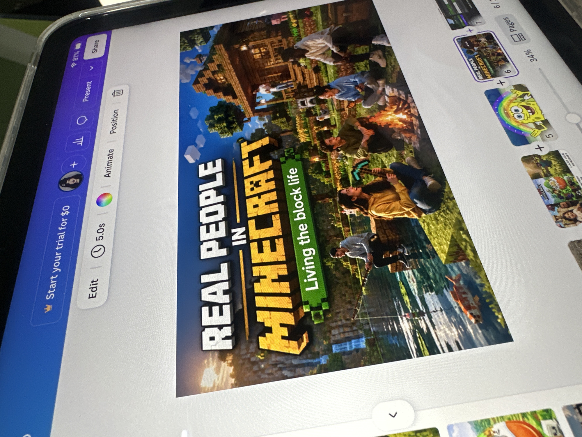 The image depicts a digital screen, likely of a tablet or phone, displaying a design interface. The main subject is a design featuring the words "REAL PEOPLE IN MINECRAFT" superimposed over a scene blending real-life individuals with a Minecraft-themed environment. The design shows people gathered around a campfire, fishing in a Minecraft-style river, and building near a Minecraft house. Surrounding the central design are the editing tools and layout options of a design application. The application features several pages, which include the "REAL PEOPLE IN MINECRAFT" design and SpongeBob SquarePants design. There is no location information in the image, so it is impossible to determine if the photo was taken in Yerevan, Armenia.