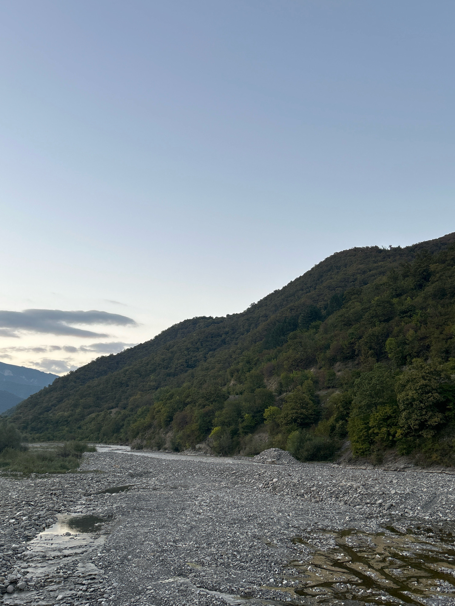 A wide, shallow riverbed filled with grey pebbles and scattered puddles of water runs through the foreground of the image. The riverbed is bordered by a lush, green, forested mountainside that rises steeply to the right. The sky above is a clear, pale blue with a few wispy clouds on the horizon to the left, suggesting either early morning or late evening. The scene appears to be in a natural, undeveloped area, likely the outskirts of the village of Pavleuri, Georgia. There are no people or animals visible in the image, and the overall impression is one of tranquility and natural beauty.