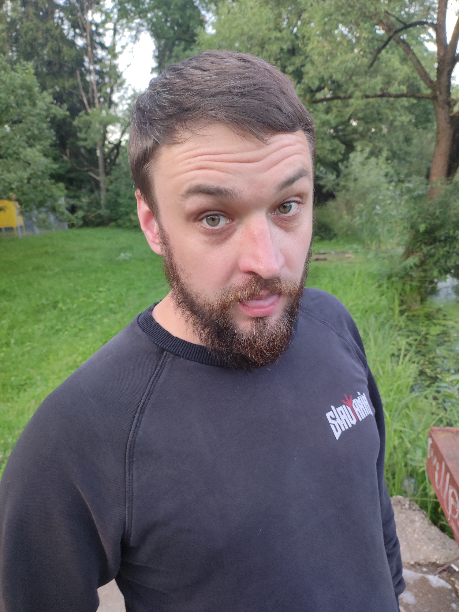 A medium shot portrait of a Caucasian man with short brown hair and a beard is captured outdoors. He is wearing a dark crewneck sweatshirt with a red and white logo on the left side of his chest. The man's head is tilted slightly forward, and his gaze is directed towards the camera with his mouth slightly open.
The background features a grassy lawn with trees and foliage, suggesting a natural or park-like setting. A portion of a yellow structure is visible in the far left of the frame. The lighting indicates it is daytime, possibly overcast or late afternoon, as there are no harsh shadows. The overall scene is informal and appears to be a candid photograph. The location is identified as Alabino, Russia.
