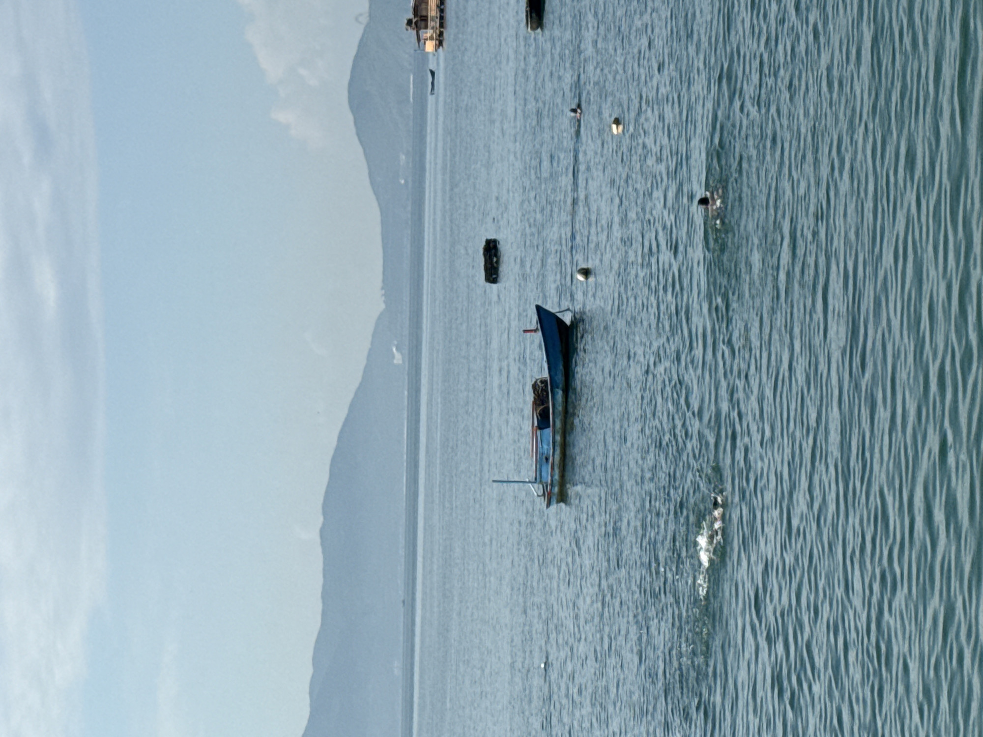 This is a medium shot of a wide, calm, blue body of water, likely the sea, with mountains in the background. A small, blue boat with a white pole is anchored in the mid-ground. Further to the right, a floating wooden structure with a roof is visible, and another smaller boat is seen in the distance. In the foreground, there are several swimmers in the water. One swimmer is partially submerged, with only their head and shoulders visible, swimming towards the right side of the frame. Another group of swimmers is further to the left, with white foam and disturbance in the water suggesting recent movement. The water is rippled, indicating gentle movement. The sky is a pale blue with faint clouds.