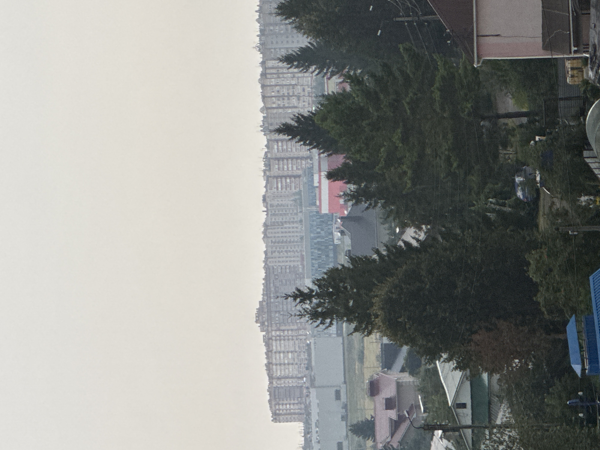 The image shows a panoramic view of a residential area with several apartment buildings in the background, possibly located in Almetyevsk, Russia. In the foreground, there are numerous evergreen trees and smaller residential buildings. A blue structure, possibly a roof or awning, is visible in the lower part of the image, along with some electrical wires and poles. A car is parked on a road or driveway between trees in the middle ground. The sky is overcast, suggesting a cloudy or hazy day.