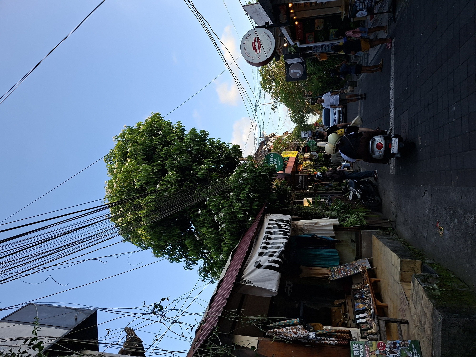 The image depicts a street scene in Ubud District, Indonesia. The shot is taken at ground level, looking slightly upward, capturing the vibrant atmosphere of a typical street lined with shops and bustling with activity.
A dense tree with white blossoms stands prominently on the left, its branches extending towards a web of overhead power lines against a backdrop of a blue sky with scattered clouds. A shop displaying textiles and souvenirs is situated below the tree, with a striped awning partially covering its facade.
On the right side of the frame, a narrow street is paved with dark bricks, and people are walking along the sidewalk. A person on a moped wearing helmets is passing by. Several shops are visible with signs and awnings, including "Confiture de Bali", "Crepes", and "Lemongrass Shop". A "BIKE ADVENTURE" advertisement is visible in the lower left corner of the frame.
