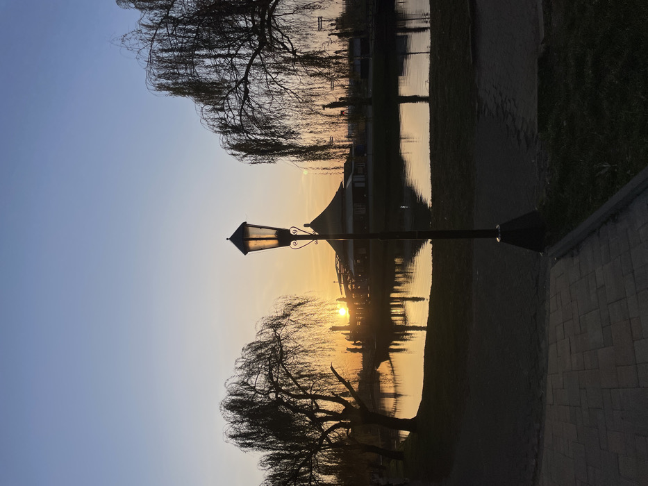 The image displays a park scene at Batumi Boulevard in Batumi, Georgia, captured during either sunrise or sunset. A black, ornate street lamp, internally illuminated, stands in the foreground slightly right of center, its base positioned on a small patch of grass adjacent to a dark, unpaved area. A paved pathway composed of rectangular stones is visible on the lower left.
In the mid-ground, a body of calm water reflects the low-lying sun, which appears as a bright orange orb slightly left of the central horizon. Across the water, a large building with a dark, multi-tiered or conical roof is silhouetted. Other smaller structures are partially visible around this building. Several human figures are discernable as dark silhouettes on the far bank of the water near these structures, implying pedestrian presence.
Multiple weeping willow trees, characterized by their drooping branches, frame the scene on both the left and right sides, also rendered in silhouette against the sky. The sky transitions from a vibrant orange-yellow hue near the horizon to a clear light blue in the upper portion of the frame.