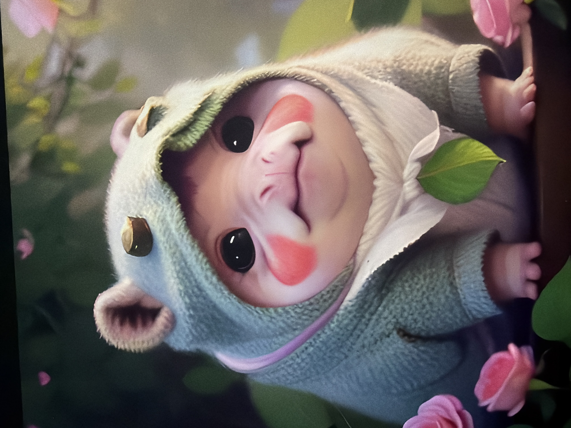 The image displays a close-up of a digitally rendered, cartoonish creature resembling a hamster or a similarly small, round mammal. It is wearing a light green, hooded sweater with a pink trim and a white scarf tied around its neck, adorned with a green leaf. The creature has large, black eyes, rosy cheeks, a small pink nose, and a gentle smile. It is posed outdoors, with a blurry background of green foliage and pink flowers, suggesting a garden or natural setting. There are no identifiable landmarks, people, or specific details that would indicate its location within Kyiv, Ukraine. The scene is static, focusing solely on the depiction of the character.