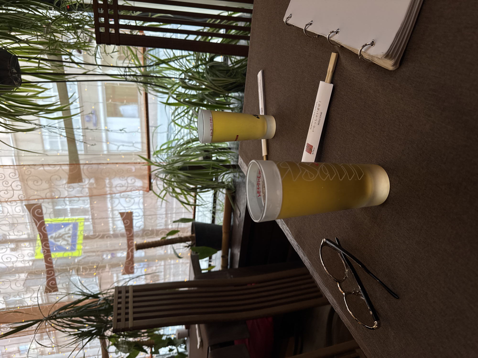 The image captures a relaxed indoor scene, likely a Japanese restaurant or cafe, during the daytime. The perspective is from a seated position, looking across a dark brown table towards a window.
On the table in the foreground, two glasses, possibly tumblers, contain a yellowish liquid, suggested to be beer by the visible text "アサヒスーパードライ" (Asahi Super Dry) printed on their sides. Two pairs of disposable chopsticks, still in their white paper wrappers, are placed next to the glasses. One wrapper clearly displays "AQIMO HAMAHAPAB" (a stylized Russian phonetic representation of "добро пожаловать" - welcome), followed by "いらっしゃいませ! WELCOME," and partially visible Japanese characters "かいへん" or "かいえん" (likely indicating a brand or restaurant name like "KAI"). A pair of gold-rimmed eyeglasses rests on the table, and a white, spiral-bound notebook or menu is visible in the upper right corner.
Beyond the table, vibrant green plants with long, slender leaves are arranged, partially obscuring the view through large windows. Sheer, patterned curtains with decorative small lights hang over the windows, diffusing the natural light. Through the curtains, a blurred view of the exterior shows building reflections and what appears to be a blue and yellow road sign (possibly a pedestrian crossing sign), hinting at an urban setting. The presence of Japanese branding on the glasses and chopstick wrappers, combined with the location context of Moscow, Russia, suggests a Japanese dining establishment in the city. The overall atmosphere appears calm and inviting for a meal or drink.