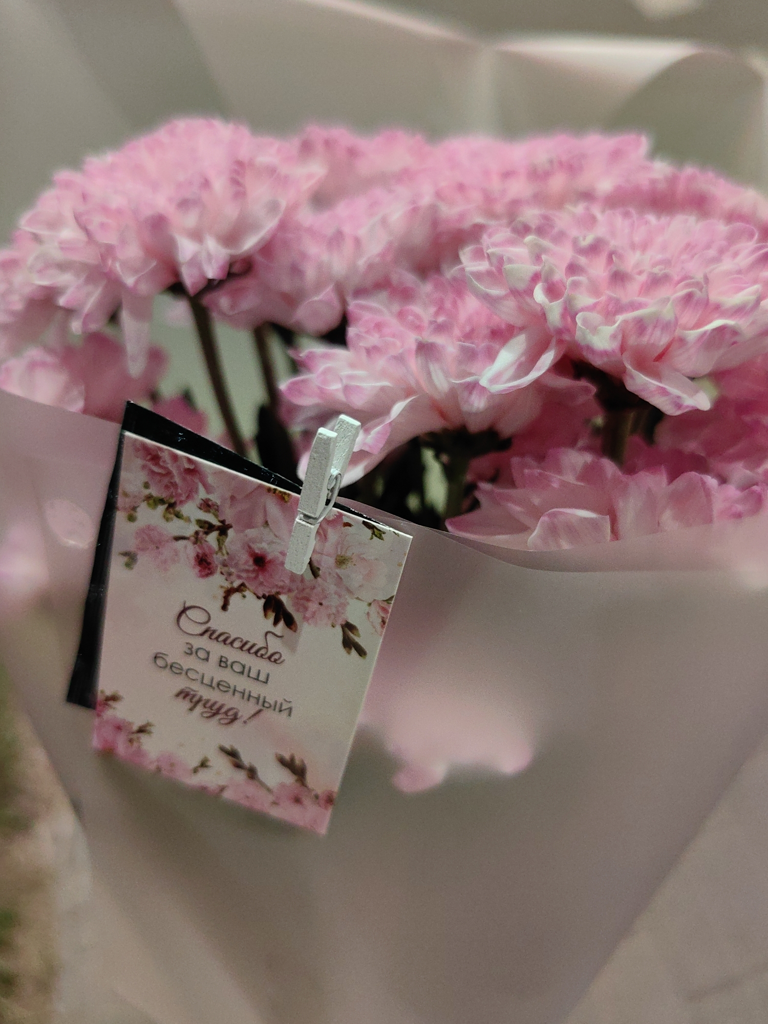 A close-up, shallow depth of field photograph shows a bouquet of pink chrysanthemums. A small, decorative tag is attached to the bouquet with a miniature wooden clothespin. The tag is adorned with a floral pattern and features Russian text. The bouquet is partially wrapped in translucent pink paper. The background is out of focus, showing muted colors and soft lighting. The image is oriented vertically. There is no visible indication of the location in the city of Fanipal, Belarus.