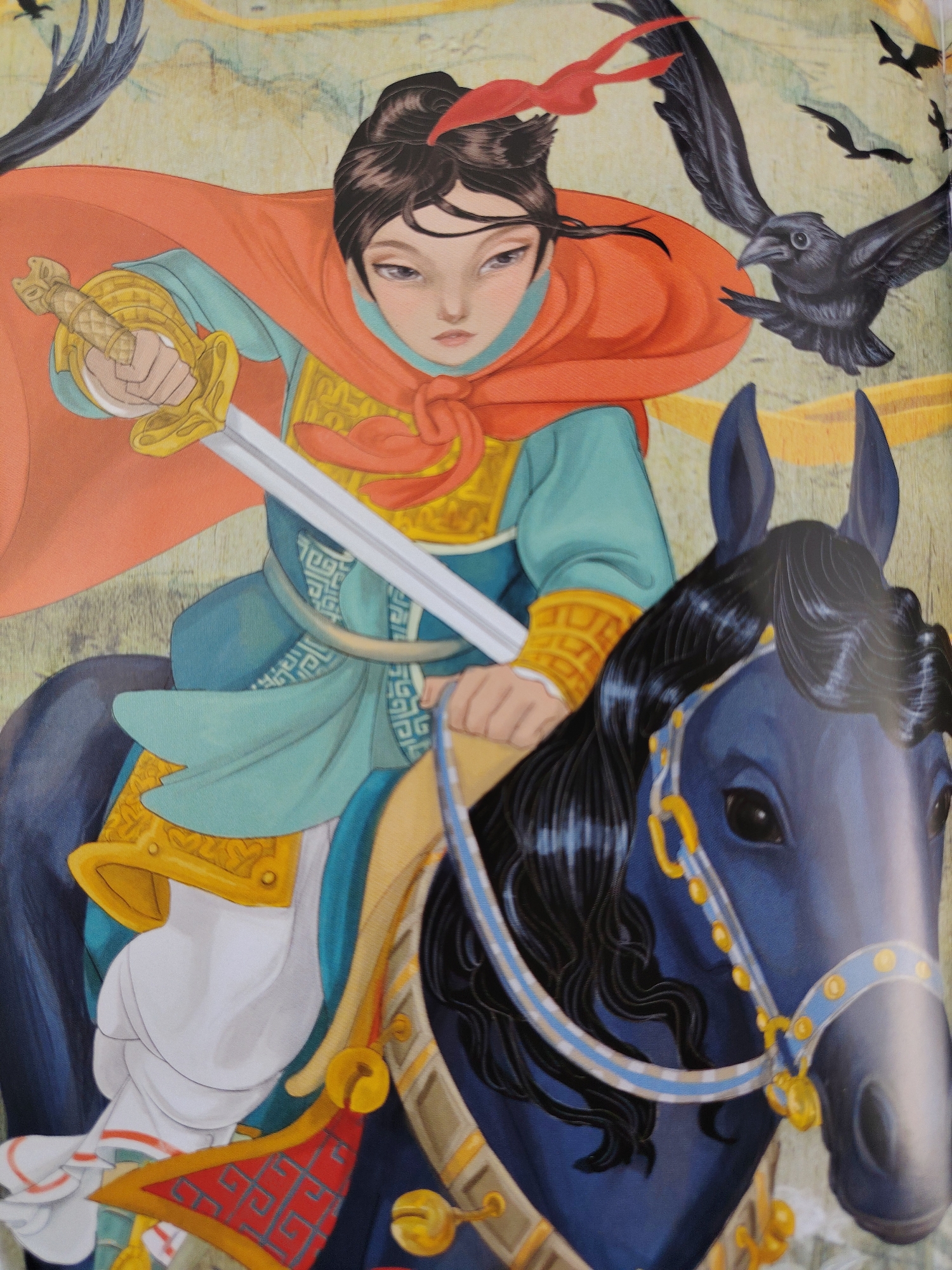 The image is a close-up, eye-level, portrait-style illustration of a person with dark hair, wearing an orange cloak over a teal and gold traditional Chinese outfit, riding a dark blue horse. The person is holding a sword aloft in their right hand. The horse's head and neck are prominently featured, adorned with a blue and yellow bridle and decorations. Several black birds, resembling crows, are depicted flying in the background. The background is a muted, yellowish-tan landscape with some abstract brushstrokes. The art style is detailed and realistic with a slight painterly quality.