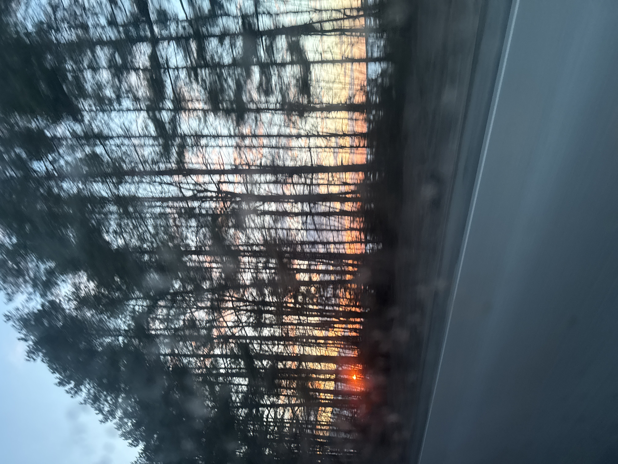 The image depicts a view through a window, likely a vehicle window, towards a forest at sunset. The foreground includes elements of the vehicle interior, such as the edge of the dashboard. In the background, silhouetted trees are visible against a sky transitioning from blue to orange near the horizon, indicating a sunset. Some light reflects through the tree branches. The blurred nature of the image suggests movement, possibly from a moving vehicle. There is no information available in the image to confirm the location is in Iiul'skoe, Russia. There are no people visible.