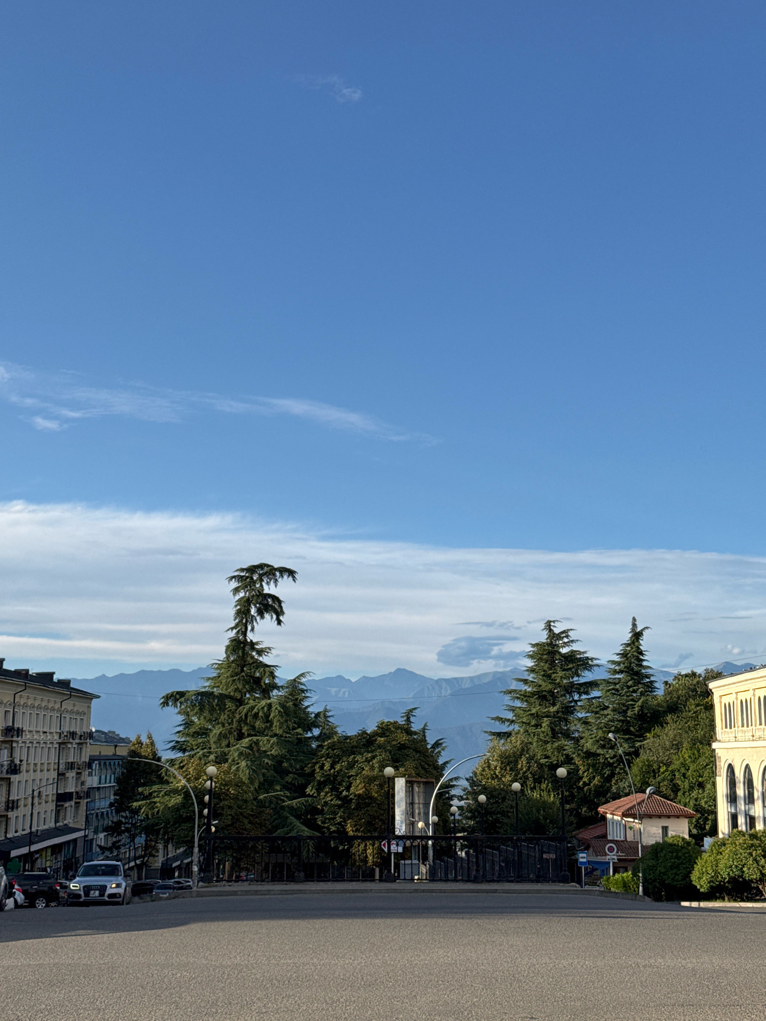 A vertical, eye-level shot captures a street scene in Telavi, Georgia, with a clear blue sky dominating the upper portion of the frame. Thin, wispy clouds stretch horizontally across the sky. In the middle ground, a cluster of tall evergreen trees, likely cypress or fir, stand prominently. Behind the trees, hazy, blue-toned mountains are visible in the distance.
To the left, a multi-story building with light-colored facades and numerous windows lines the street. A white SUV and a black car are parked on the street. In the foreground, a paved road slopes gently upwards. To the right, a yellow building with arched windows and decorative molding is visible, along with a smaller building with a red tiled roof and a signpost. A black metal fence runs along the edge of the road. The lighting suggests it is daytime, with shadows indicating the sun is present. There are no people clearly visible in the scene.