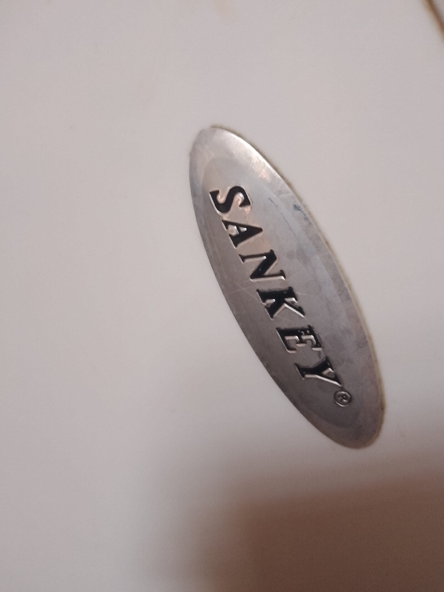 The image shows a close-up of an oval metal plaque with the embossed word "SANKEY" on it, followed by a registered trademark symbol. The plaque is silver-toned and appears to be attached to a light-colored, smooth surface. The lighting suggests it's indoors, with the plaque reflecting some light. There are no people or other objects visible in the frame, and the background is out of focus. The location in Santa Ana, Venezuela, is not discernible from the image itself.