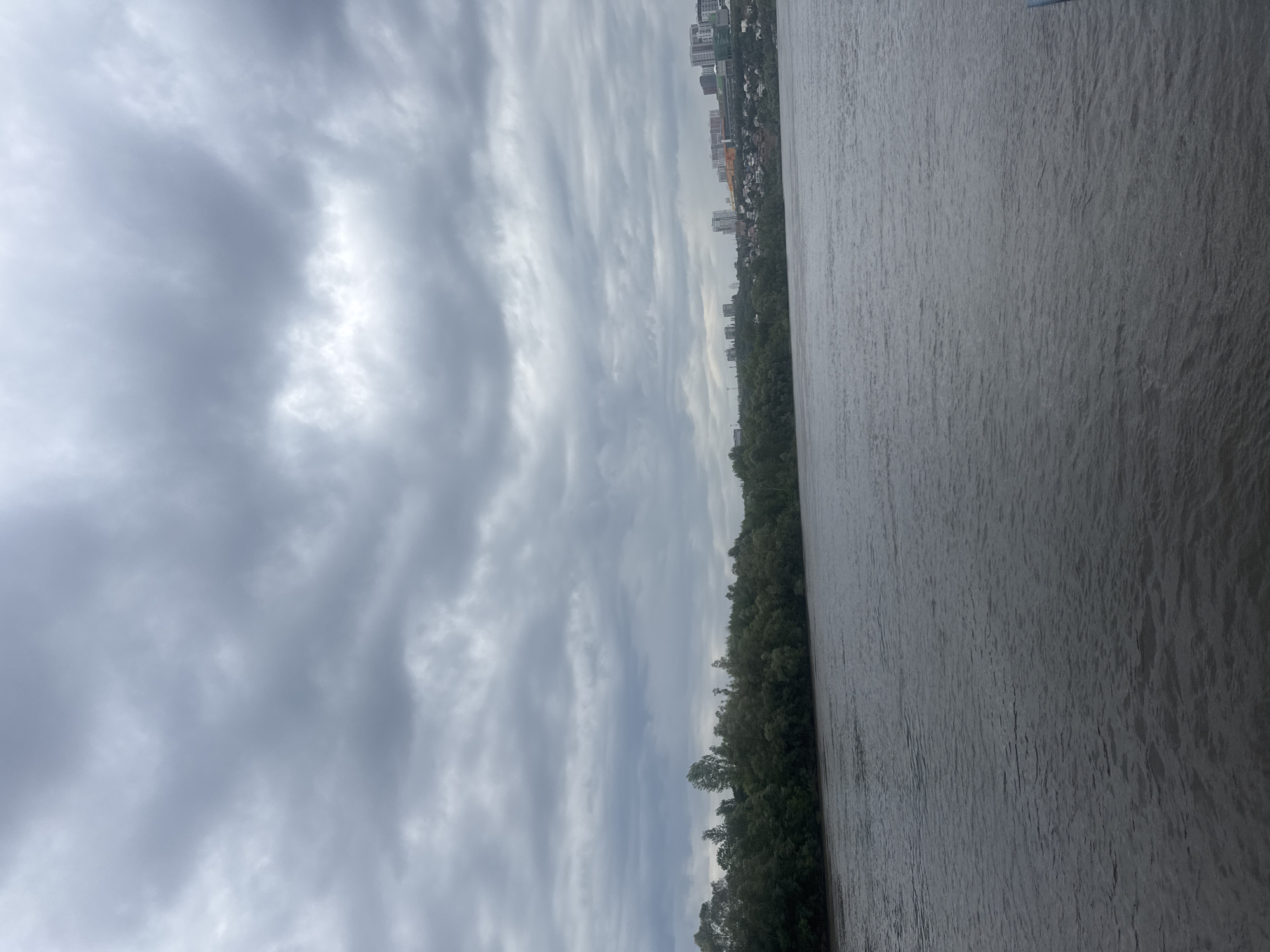 An overcast day over a wide, dark river in Ufa, Russia. The river fills the foreground, with choppy grey water. The far bank is lined with dense green trees, which give way to a distant cityscape of low-rise and high-rise buildings. The sky is filled with heavy, grey, textured clouds.