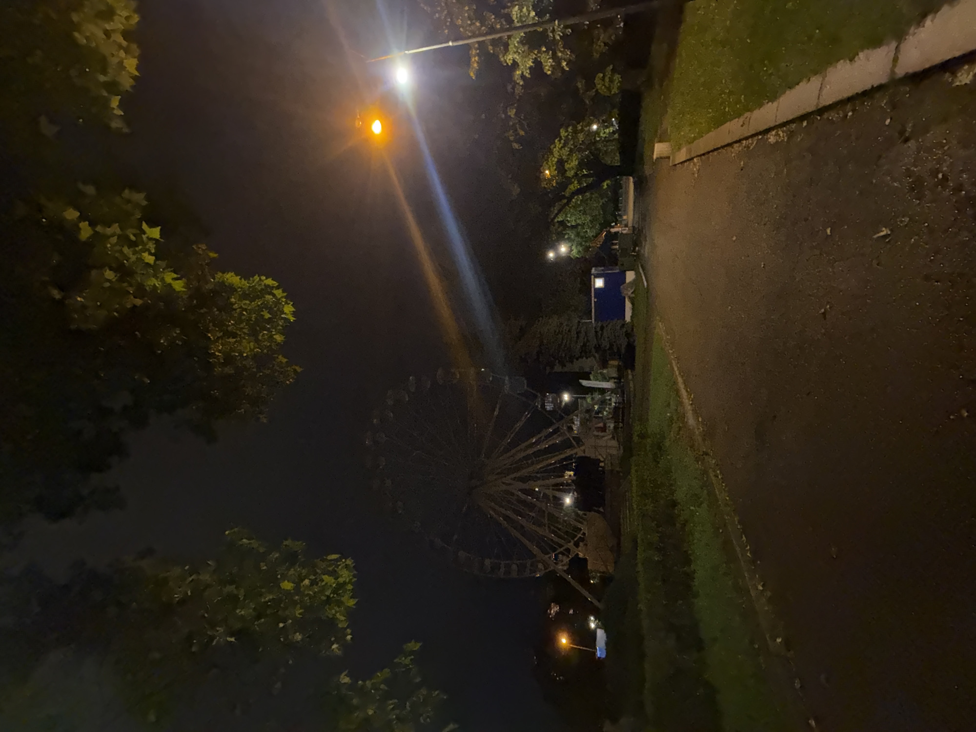 This image depicts an evening scene in what appears to be a park or fairground in Sofia, Bulgaria. The primary subject is a large Ferris wheel, visible in the mid-ground on the left side of the frame. Its metallic structure is subtly illuminated with lights, suggesting it is either operational or lit for ambiance.
The left side of the image is dominated by dark green trees and dense foliage, some branches extending into the upper corners. A prominent, bright orange-yellow streetlight with a distinct light beam emanates from the upper left quadrant, casting light across parts of the foliage and the dark sky. A second, fainter white streetlight is visible further in the background.
On the right side, a wide, unpaved path stretches into the distance, appearing damp and reflecting some light. This path is bordered by a concrete curb and a strip of green grass, which continues along the far right edge of the frame.
Near the base of the Ferris wheel and closer to the path, a small, distinct blue cubic structure is visible, likely a kiosk, security booth, or utility box. Other faint lights and shadowy outlines of structures can be discerned around the Ferris wheel area.
The scene is quiet and devoid of people, contributing to a peaceful, almost deserted atmosphere. The artificial lights serve as the main source of illumination, creating a sense of depth and highlighting specific elements against the dark backdrop of the night. There is no discernible text visible in the image.