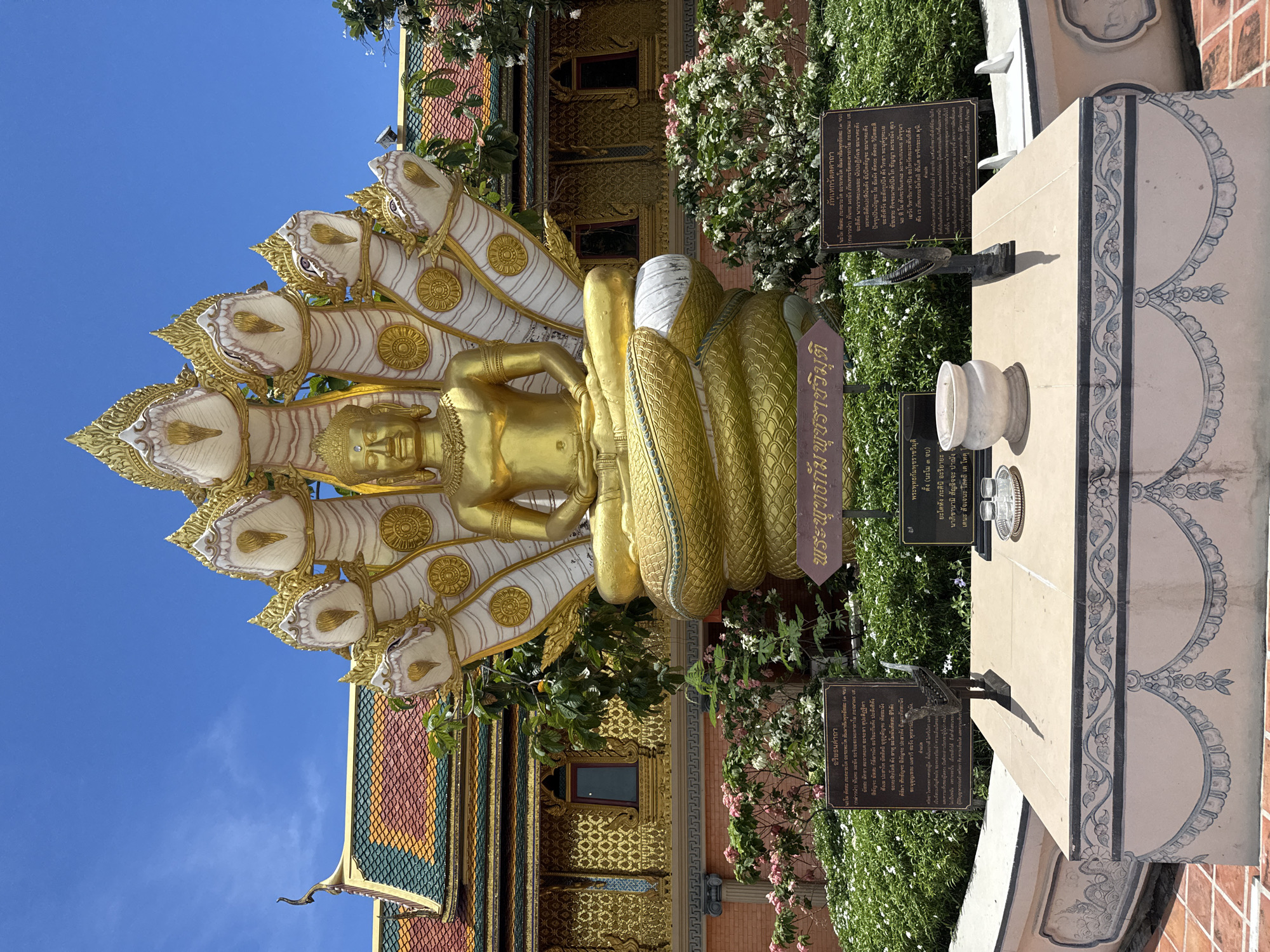 The image shows a golden statue of Buddha seated under the protection of a multi-headed Naga serpent. The statue is situated within a garden setting, possibly part of a Buddhist temple complex. The background features Thai-style architecture, including tiled roofs and decorated walls. Signboards with Thai script are visible, suggesting this is a site of cultural or religious significance. The environment appears well-maintained, with flourishing plants and flowers. The statue is located in the city of Bang Pu Subdistrict Municipality, Thailand.