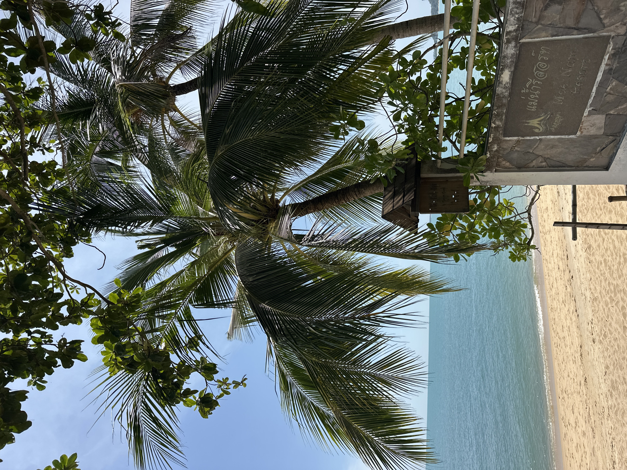 The image shows a tropical beach scene with palm trees and the ocean. There is a sign on a stone wall with Thai script and "Mae Nam Resort" written in English, indicating the location as Mae Nam, Ko Samui District, Thailand. The beach is sandy, and the ocean is a calm blue. The sky is clear and bright.