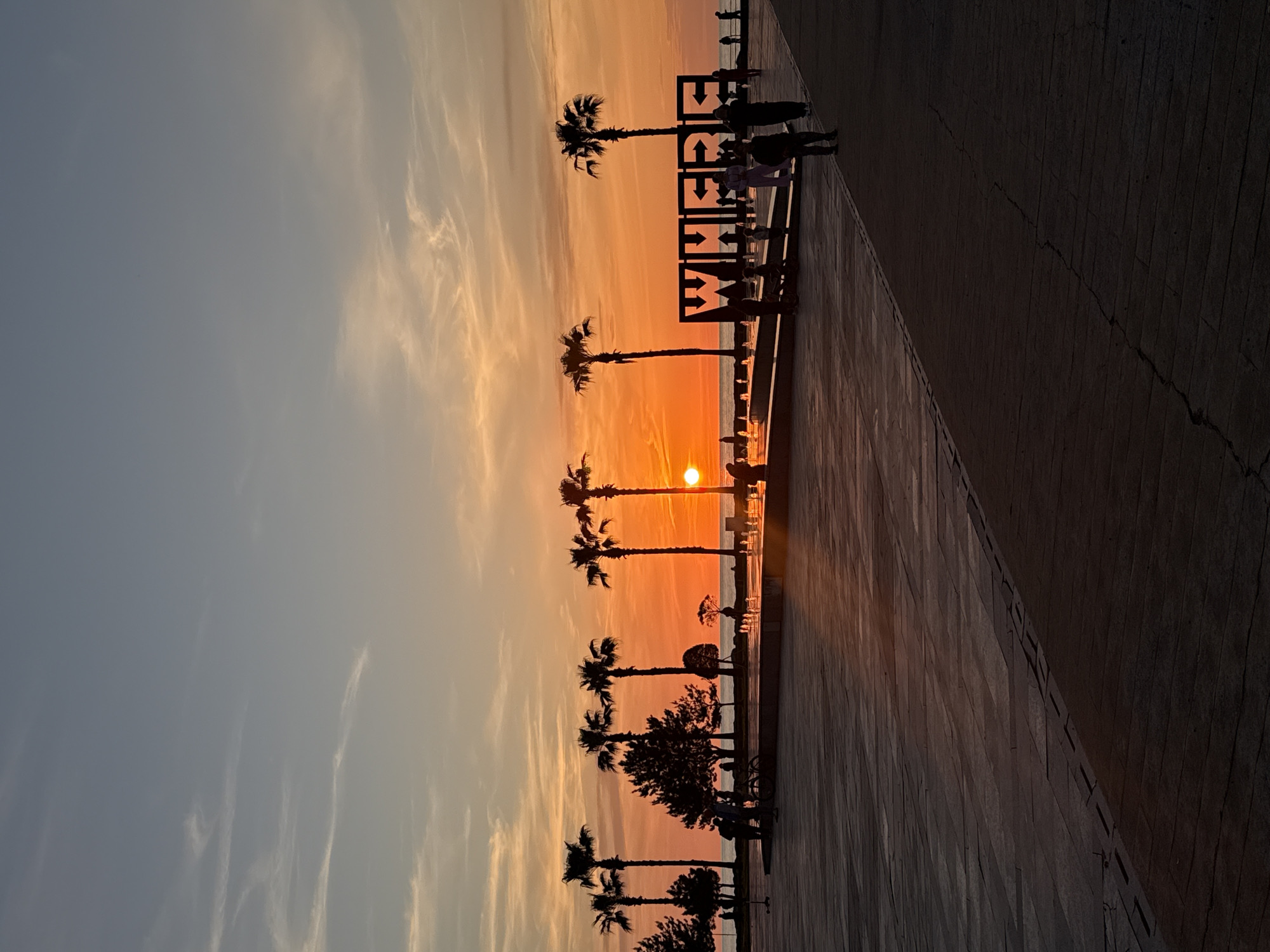 A vibrant sunset casts an orange and red glow across the horizon in this scenic image, taken in Batumi, Georgia. The sky transitions from a soft blue-grey at the top left to a brilliant spectrum of yellow, orange, and red at the horizon, with light, wispy clouds scattered throughout. The sun, a bright, fiery orange disc, rests directly on the horizon, slightly left of the image center, illuminating the scene from behind.
Along a wide, paved promenade or boardwalk, numerous palm trees stand silhouetted against the glowing sky, their fronds detailed in sharp relief. Several people are visible as dark silhouettes on the promenade, some walking, others standing and observing the sunset. A distinctive, large, geometric structure, also silhouetted, features prominently on the promenade, displaying the word "BATUMI" with several directional arrows cut out of its form. Further down the promenade, other indistinct structures and possible streetlights are also silhouetted.
To the right, a dark, textured wall or barrier runs alongside the promenade, showing some cracks and lines. A narrow strip of water is visible between the promenade and the distant horizon, subtly reflecting the sky's colors. The overall atmosphere is serene, capturing a picturesque evening by the sea, with the strong backlighting creating dramatic contrasts and accentuating the silhouettes of the subjects.