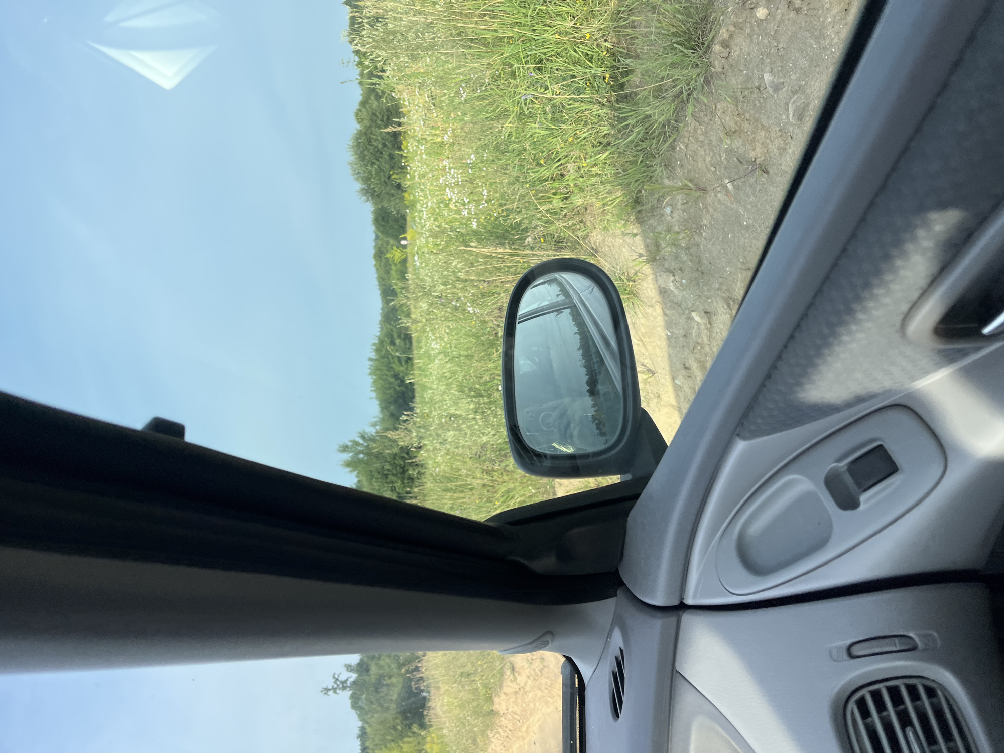 The image is taken from inside a vehicle, looking out the passenger side window. The interior of the car shows part of the dashboard and door panel, including a window control and an air vent. Outside the window, there is a dirt road and a field of tall green grass with scattered white and yellow wildflowers. In the distance, there is a line of trees and a clear blue sky. A side-view mirror reflects a blurred image of the interior of the car and the sky. The scene appears to be in a rural area. Given the information that the location is in the Senicki rural council, Belarus, it is a view of a rural landscape.