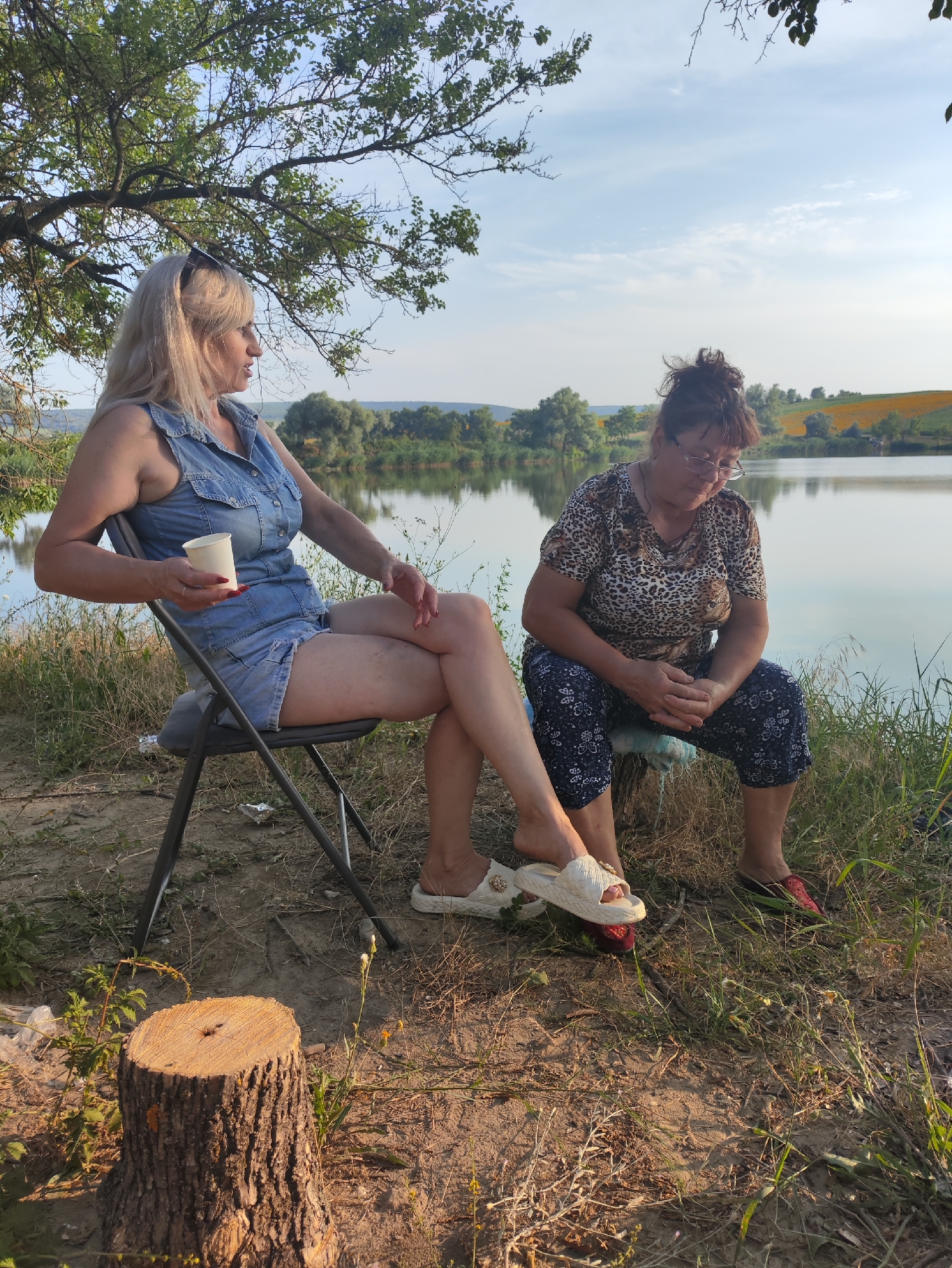Two women are sitting outdoors by a lake. The woman on the left is seated in a black folding chair, holding a white paper cup, and is wearing a denim dress and white slides. The woman on the right is seated on a tree stump, wearing a leopard-print top and patterned trousers, and has her hands clasped in her lap. The background shows a body of water with trees and a field of sunflowers in the distance, under a partly cloudy sky. The scene is located in Găleștii Noi, Moldova.