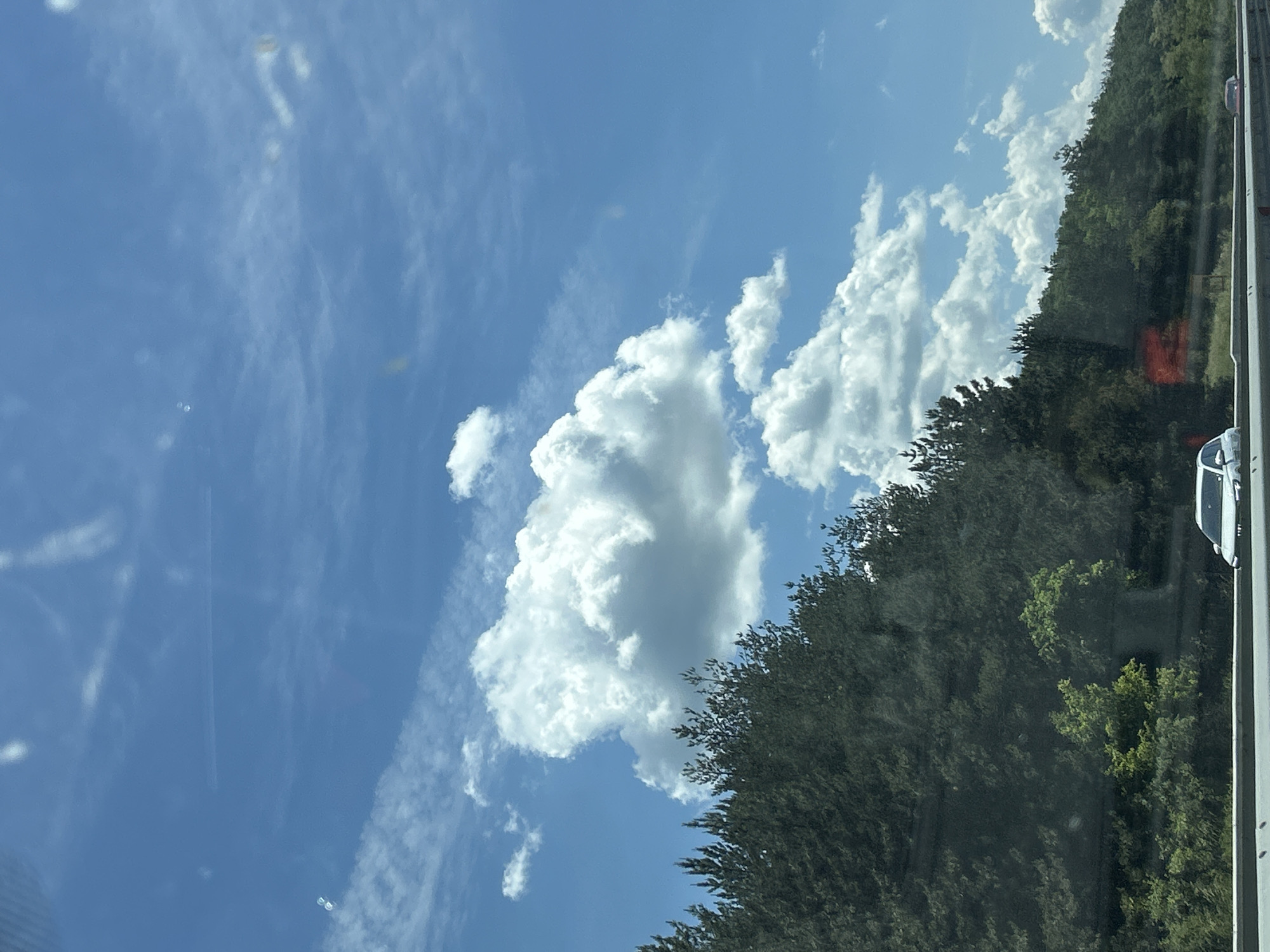 The image depicts a view from a car on a highway, with a dense forest on the right side of the road. The sky is a bright blue, filled with white, fluffy clouds. A white car is visible on the highway in the foreground. The location is identified as Rajana, Bulgaria. The scene is natural and appears to be a typical roadside view.