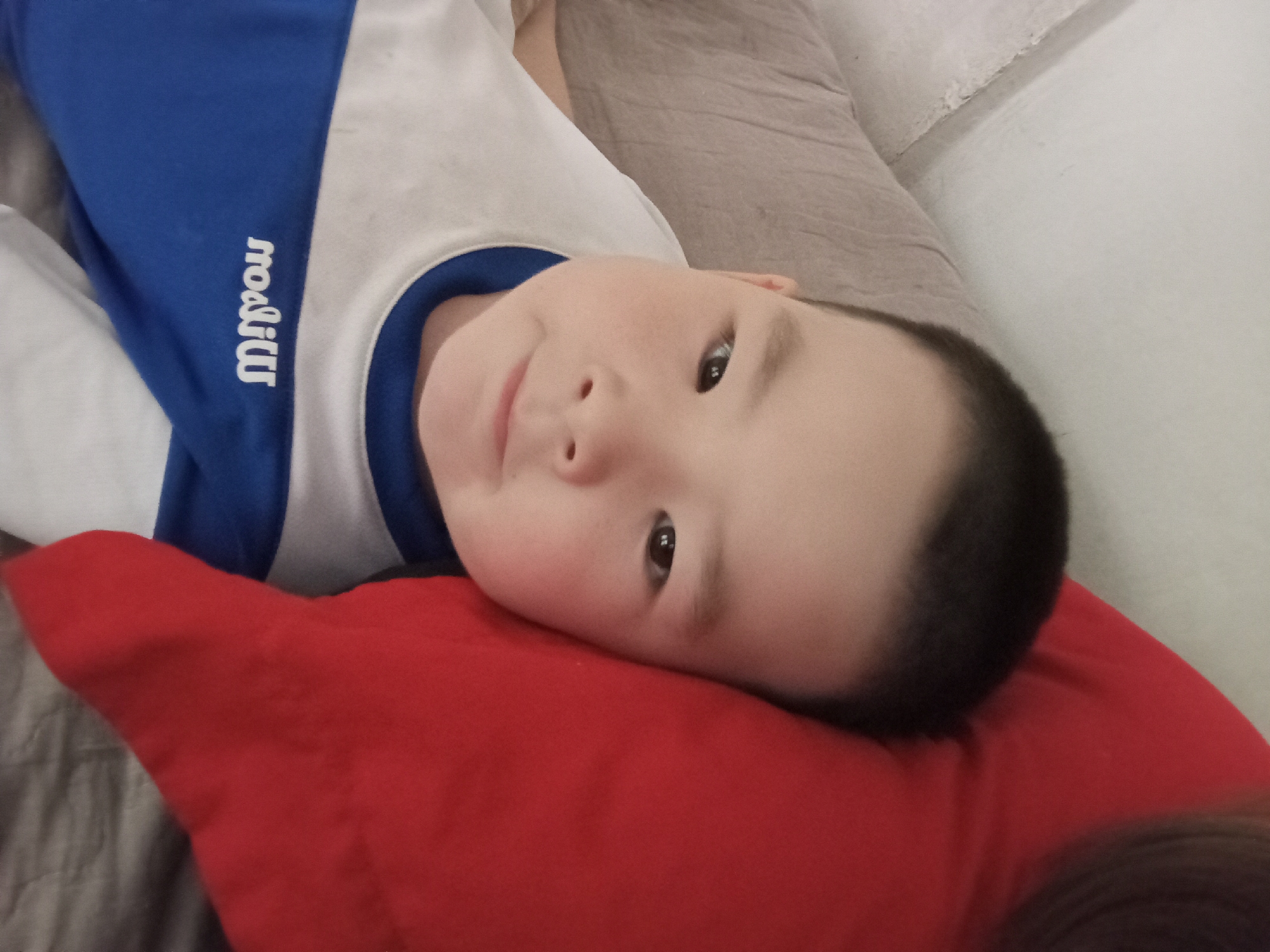 A close-up shot captures a young East Asian boy resting his head against a bright red pillow. The boy has dark hair, a round face, and appears to be looking towards the camera with a neutral expression. He is wearing a white shirt with a blue collar and a blue horizontal stripe across the chest with white text that appears to read "Wilson". The background is out of focus but suggests an indoor setting with a beige surface, possibly a sofa or bed, and a white wall. The image is taken from a slightly elevated angle. There is no discernible indication of the city of Жамбыл, Kazakhstan in the image.