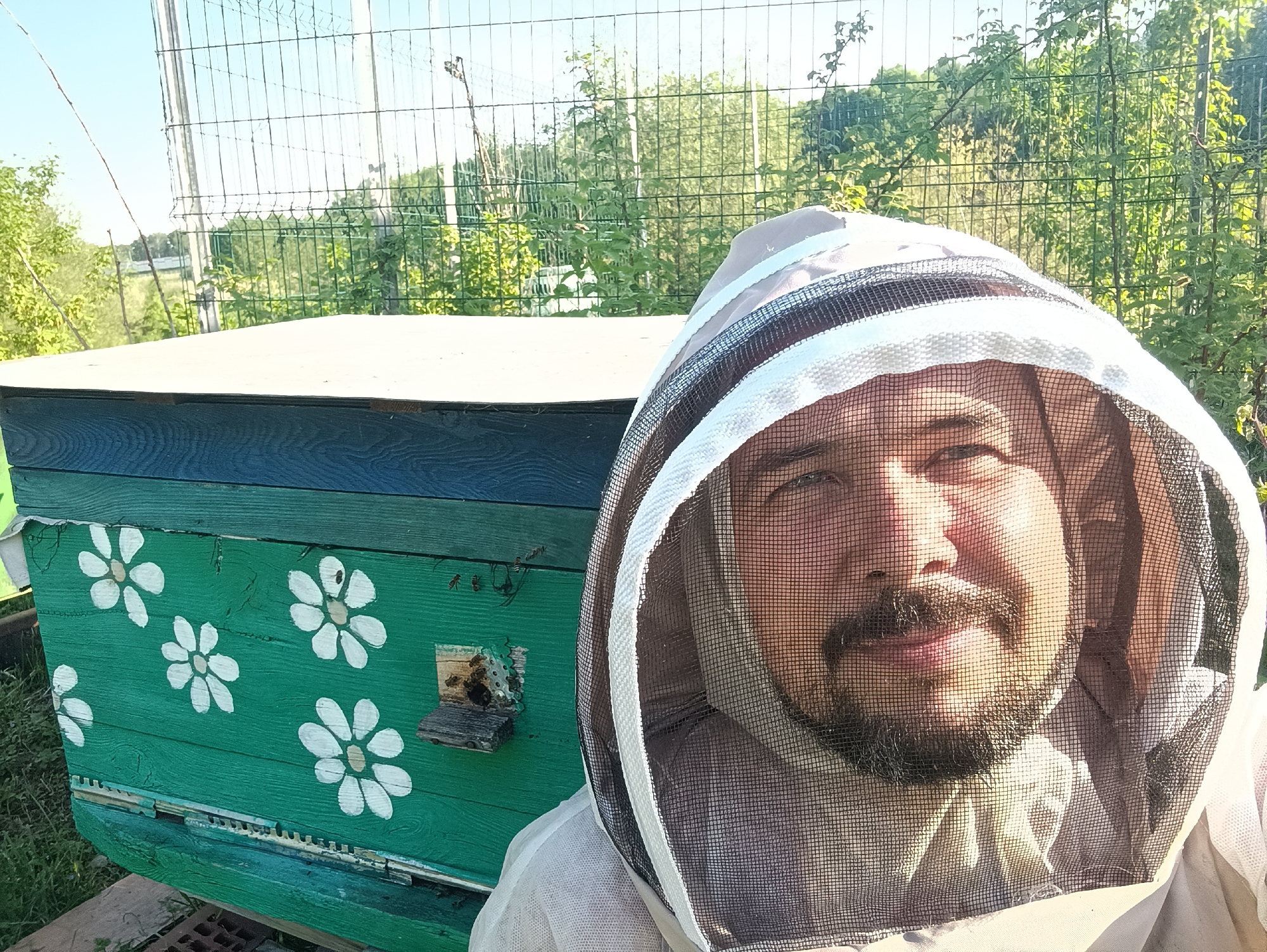 A person wearing a beekeeping suit with a netted hood stands beside a green beehive decorated with white flowers. The hive is positioned on a gray metal frame. Behind the hive, a wire fence and green foliage are visible. The photo was taken outdoors in Motyakovo, Russia.