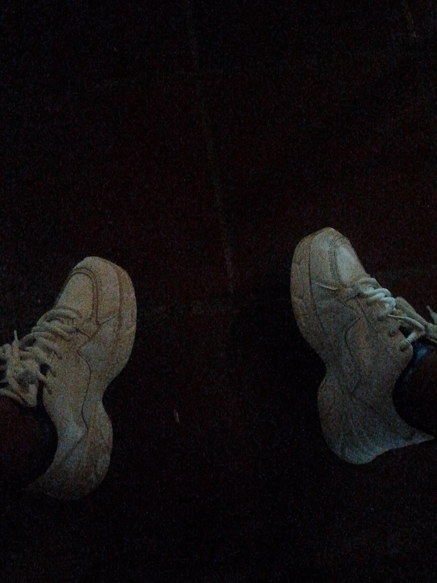 The image shows a pair of light-colored athletic shoes on a dark, textured surface. The shoes appear to be made of leather or synthetic material and have laces. The right shoe is positioned towards the bottom right of the frame, while the left shoe is towards the bottom left. Both shoes are viewed from above and slightly to the side. The background is uniformly dark and appears to be a carpet or fabric. The image quality is grainy and low-resolution, with poor lighting. There are no people, explicit actions, or interactions visible. The scene depicts footwear in a dimly lit environment. This image is not from Pedro González, Venezuela.