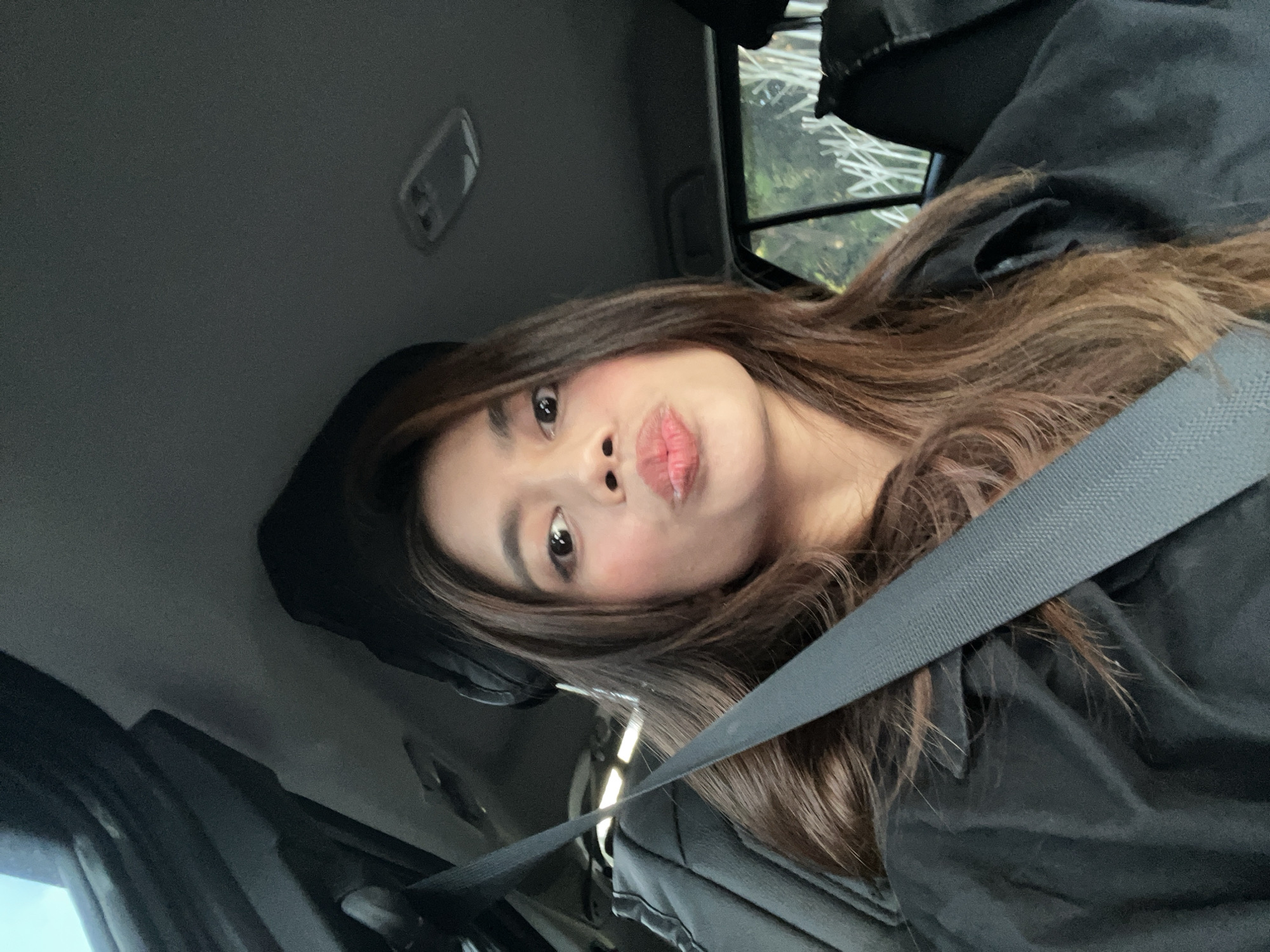 A young adult female is depicted in a self-taken photograph inside a vehicle, located in Davao City, Philippines. She has long, wavy dark brown hair with lighter highlights, parted slightly off-center. Her eyes are dark and gaze directly at the camera, while her lips are pursed into a distinct "kiss" gesture. Makeup, including blush, is visible on her cheeks. She wears a dark-colored garment, appearing to be a jacket, and a black seatbelt diagonally crosses her torso from the upper left. A dark object, possibly part of a headphone or head covering, is partially visible above her head on the left side. The car's interior features a light grey fabric headliner with a clear plastic dome light fixture positioned on the upper right. Dark interior paneling is visible on the far left. Through the blurred rear side window on the right, green foliage and several faint, white, vertical, narrow structures are discernible, suggesting an outdoor, vegetated environment.
