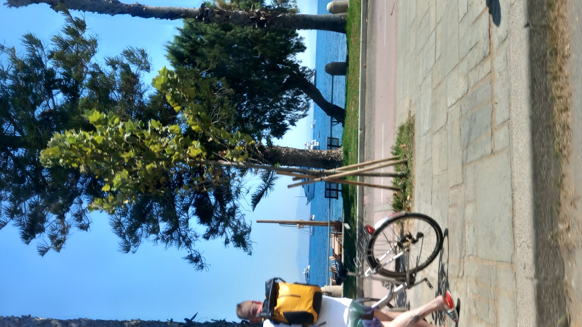 An outdoor, eye-level shot captures a person riding a bicycle past the coast of Kos, Greece. The cyclist, positioned on the left side of the frame, wears a yellow backpack and red and white striped sandals. The bicycle's rear wheel is prominent in the foreground, with the person's legs visible. The background features the Aegean Sea with several boats, including yachts, dotting the water. Trees and palm trees line the waterfront, with a stone-paved sidewalk and a road visible. The sky is clear and blue, indicating a sunny day.
