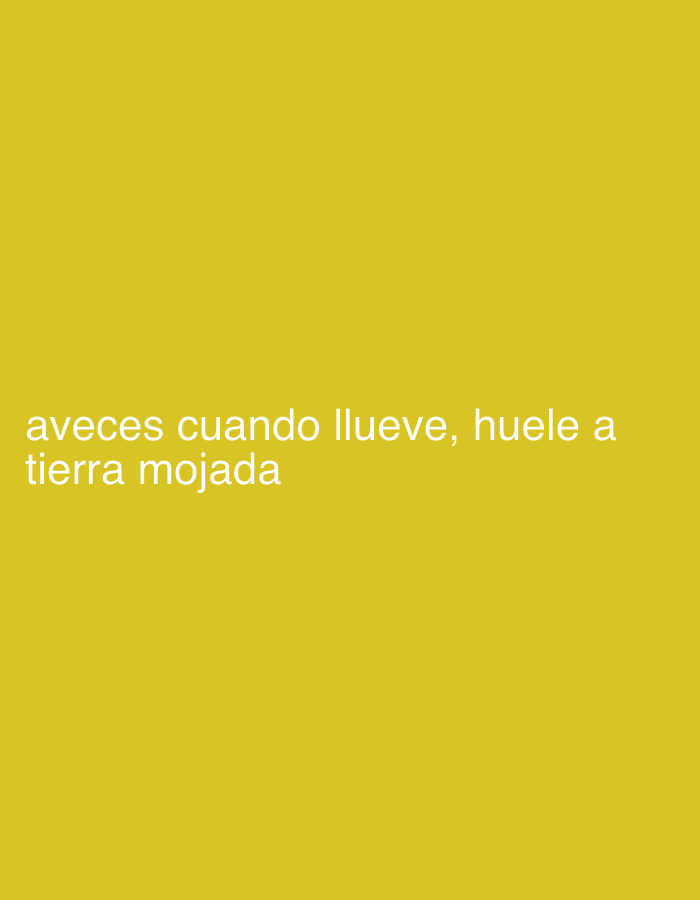 The image displays white text on a plain, solid yellow background. There are no people, objects, or a discernible scene depicted beyond the color and the text. The text, in Spanish, reads: "aveces cuando llueve, huele a tierra mojada". This translates to "sometimes when it rains, it smells like wet earth." The image is simple and minimalist, with no additional visual cues regarding time of day, weather, or location.