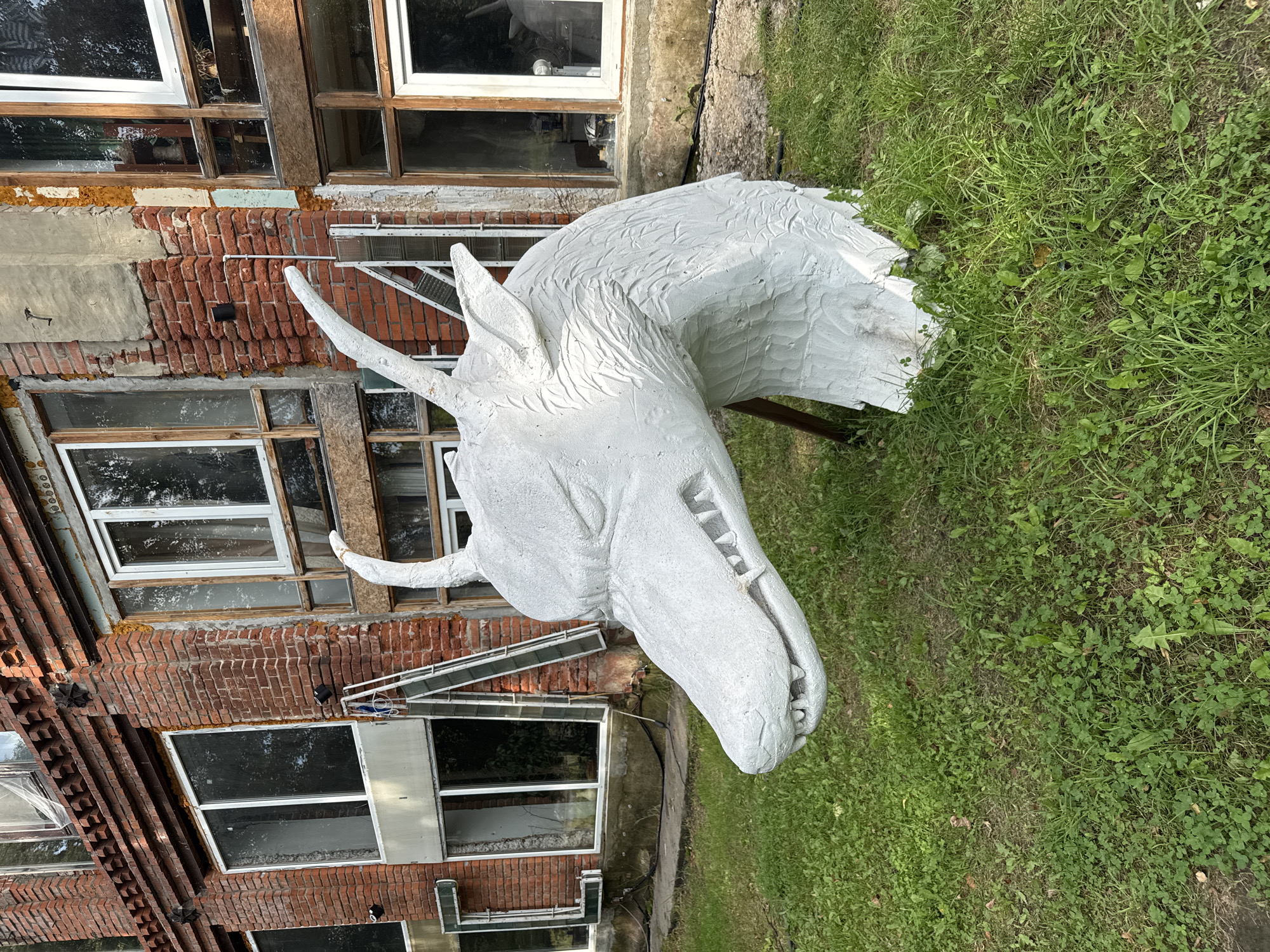 In Il'inskiy Pogost, Russia, a white, concrete sculpture of a dragon's head rests on a grassy area in front of a dilapidated brick building with multiple windows. The dragon's head is detailed, featuring sharp teeth, horns, and textured scales. The building appears to be under renovation or abandoned, with some windows boarded up and exposed insulation. A ladder leans against the building near the dragon's head. The environment is overgrown with green grass and some weeds. The overall scene suggests a rural or semi-abandoned location.
