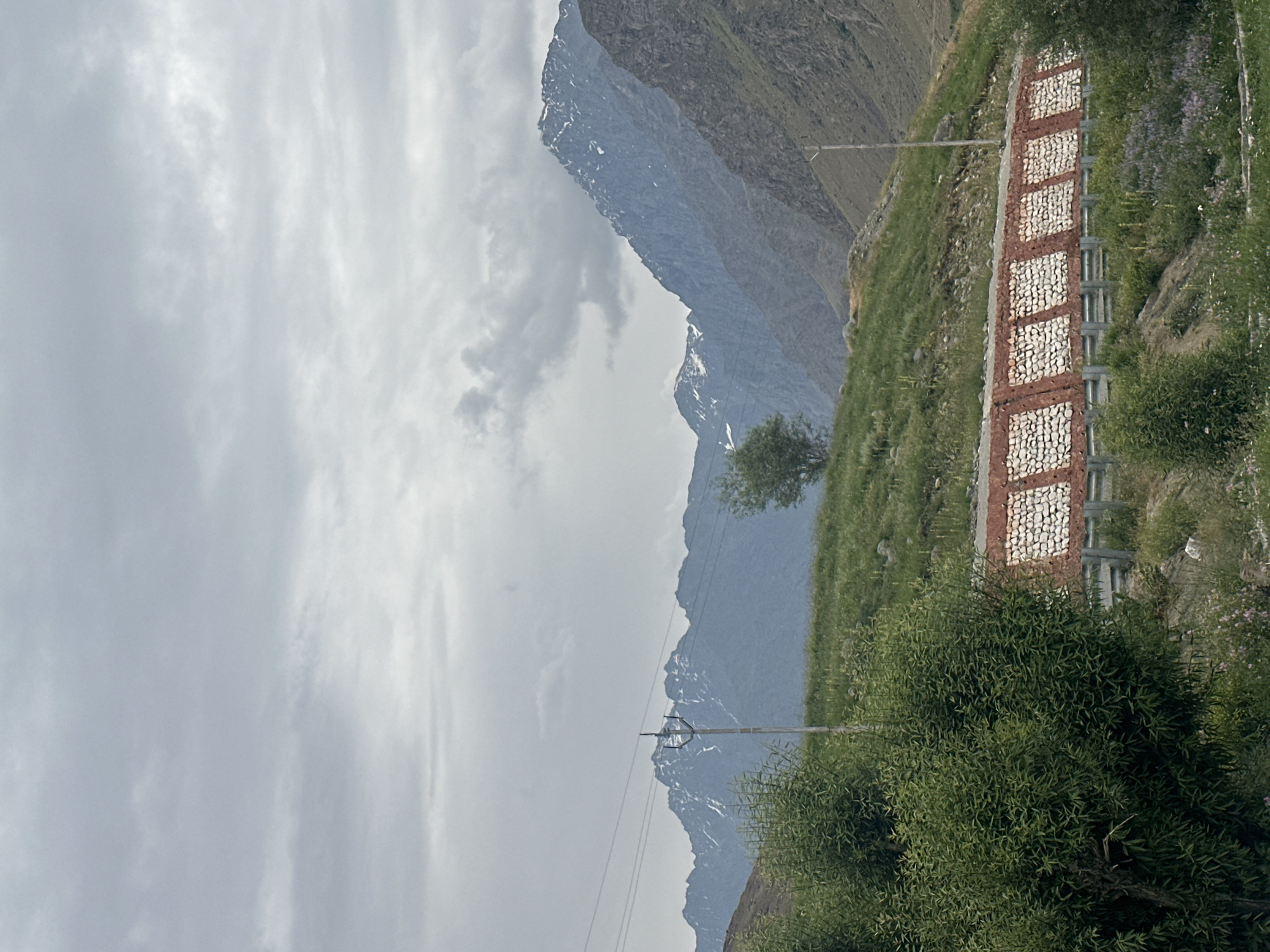 The image depicts a scenic mountain landscape under a cloudy sky. In the foreground, lush green vegetation, including bushes and a tree, dominates the left side. A retaining wall with a patterned design of red and white stones is visible, separating a grassy slope from a lower area with more vegetation and some purple wildflowers. Power lines and a utility pole are present in the mid-ground, running parallel to the mountainous backdrop. The background features a range of majestic mountains, some with patches of snow on their peaks, suggesting a high-altitude region.
This scene is likely located in or near the city of Dras, India, known for its stunning mountain vistas and challenging terrain. The presence of power lines and the retaining wall indicate human infrastructure within this natural environment. The overall atmosphere is one of serene, albeit somewhat overcast, natural beauty.