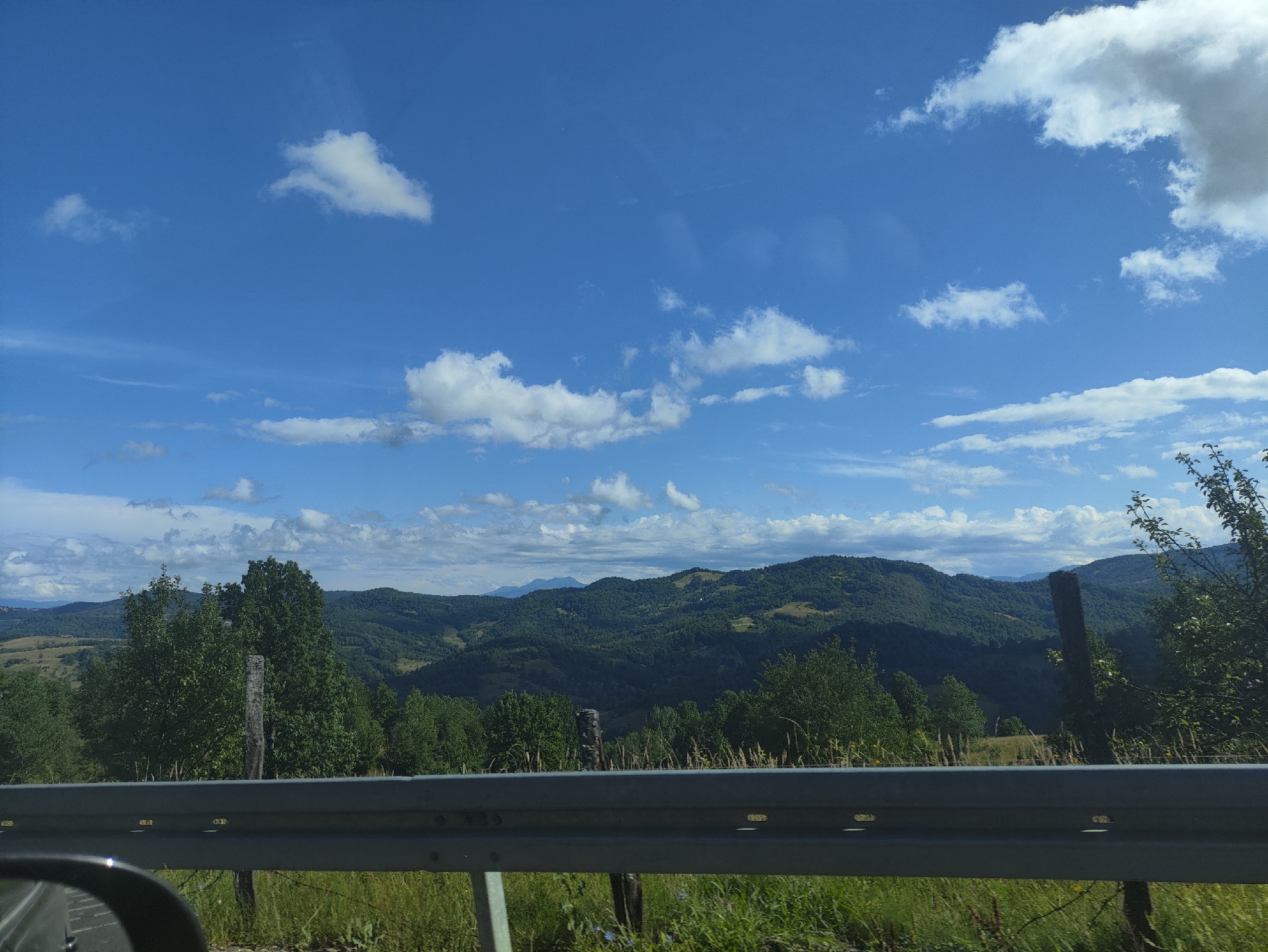 The image depicts a scenic view of rolling, forested hills under a bright blue sky with scattered white clouds. A metal guardrail runs along the bottom of the frame, separating the viewer from a grassy embankment with scattered wildflowers and vegetation. In the foreground, a wooden post stands near the guardrail. The background showcases layered green hills and distant mountains. The scene is consistent with a roadside view in a rural area, such as the region around Petrova, Romania, known for its natural beauty and forested landscapes. There are no people or specific actions captured in the image, making it a static landscape photograph.