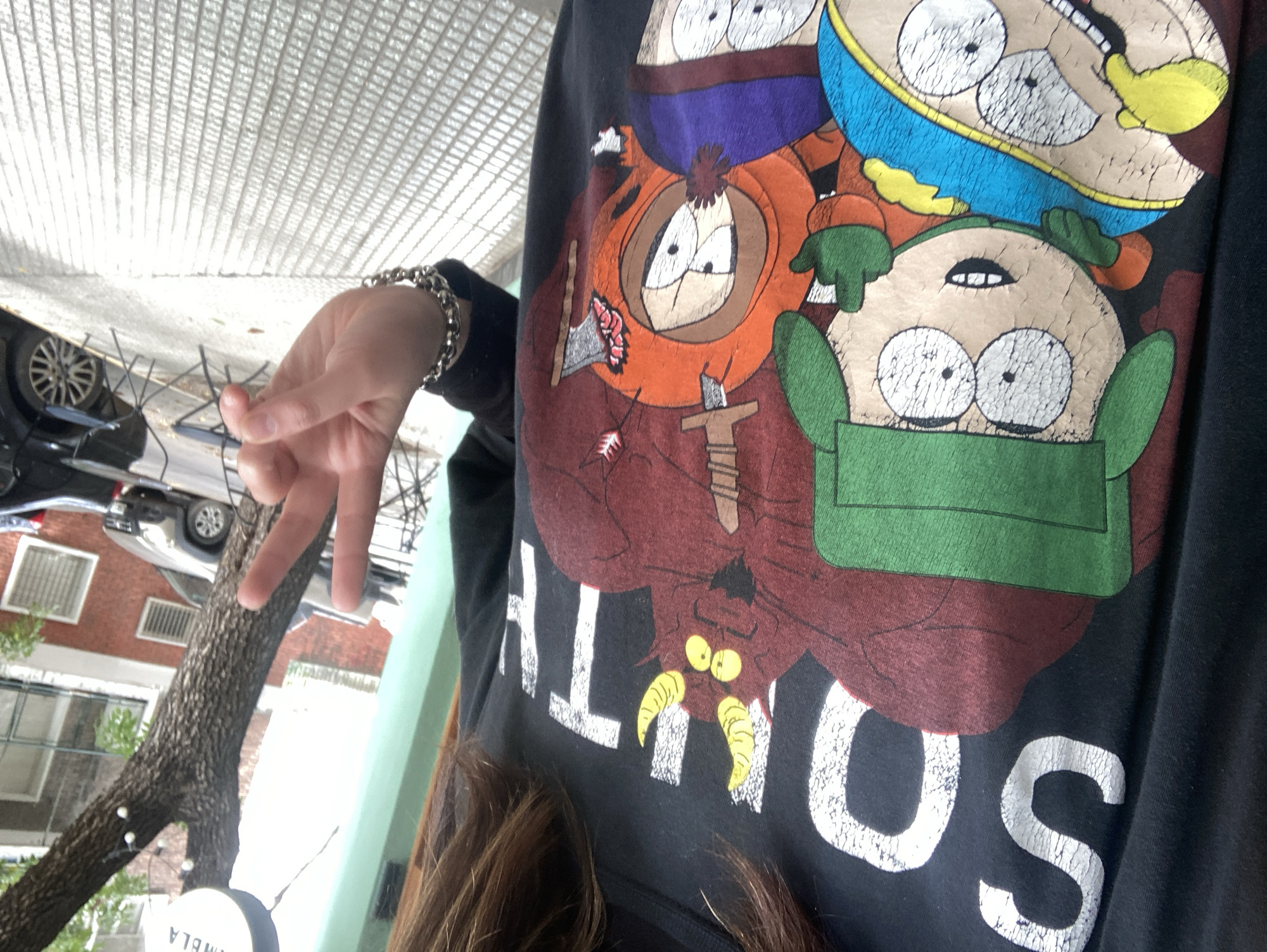 The image shows a person wearing a black T-shirt featuring characters from the animated television show "South Park." The characters depicted are Kenny, Cartman, Kyle, and Satan. The word "SOUTH" is visible on the T-shirt. The person is holding up a peace sign with their left hand, on which they are wearing a silver chain bracelet.
In the background, there is a tree and a building with red brick on the façade. A vehicle can also be seen in the background. The specific location in the city of Unknown, Unknown is indeterminable.