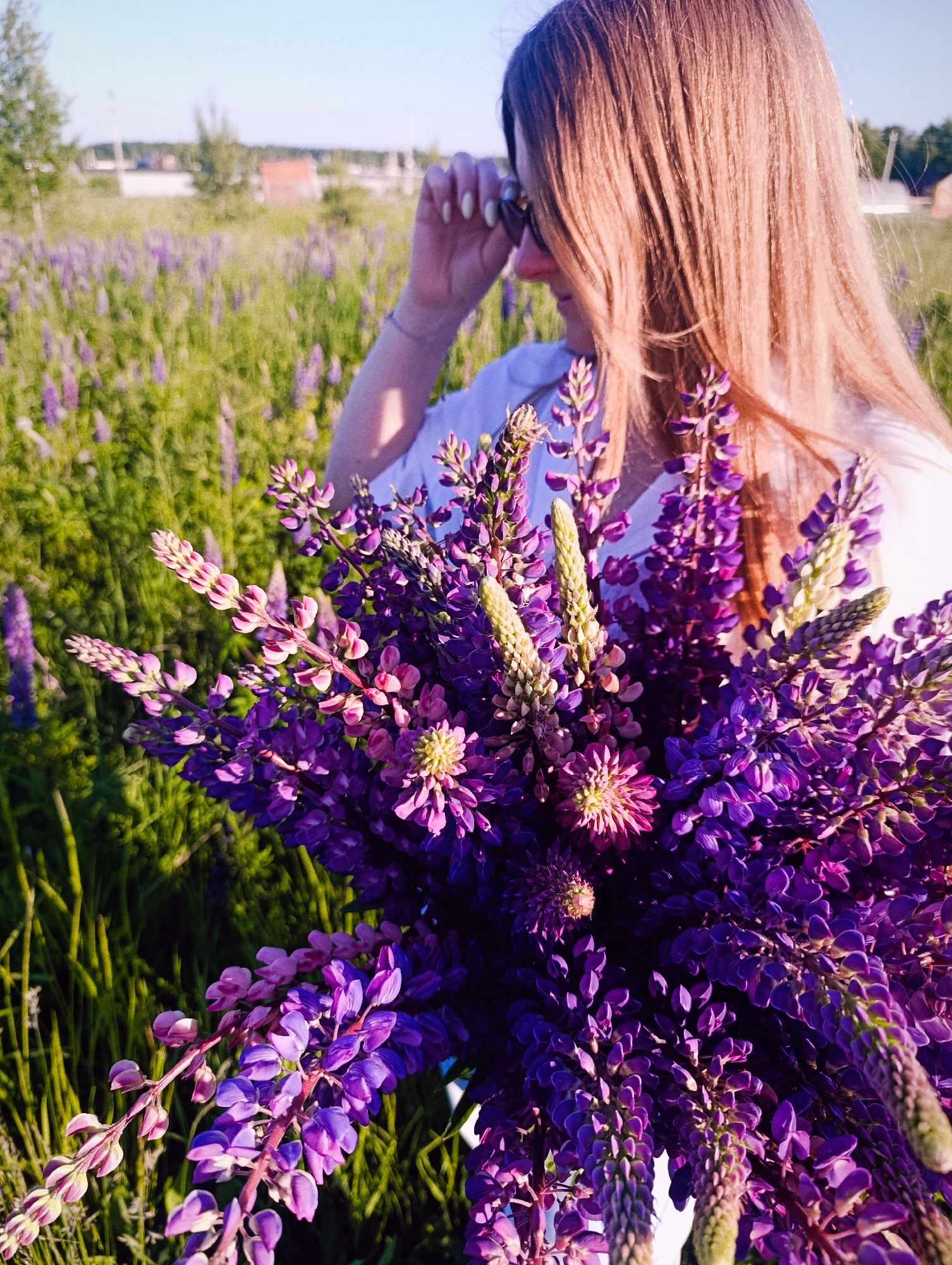 The image presents a close-up of a large bouquet of dense, spiky purple and pink lupine flowers occupying the majority of the foreground. Partially visible behind the bouquet is an individual, identified by long, light brown hair, a white top, and a raised right arm. The individual's face is largely obscured by their hair and a hand adjusting what appear to be sunglasses or shielding the eyes, revealing light-colored nail polish and a thin bracelet on the wrist. The background depicts an outdoor field covered with green vegetation and scattered purple flowers under a clear, light blue sky. In the distant, blurred background, trees and a few residential structures with red roofs are visible. The scene is brightly lit by natural sunlight, indicating daytime. The specific location is Unknown, Unknown.