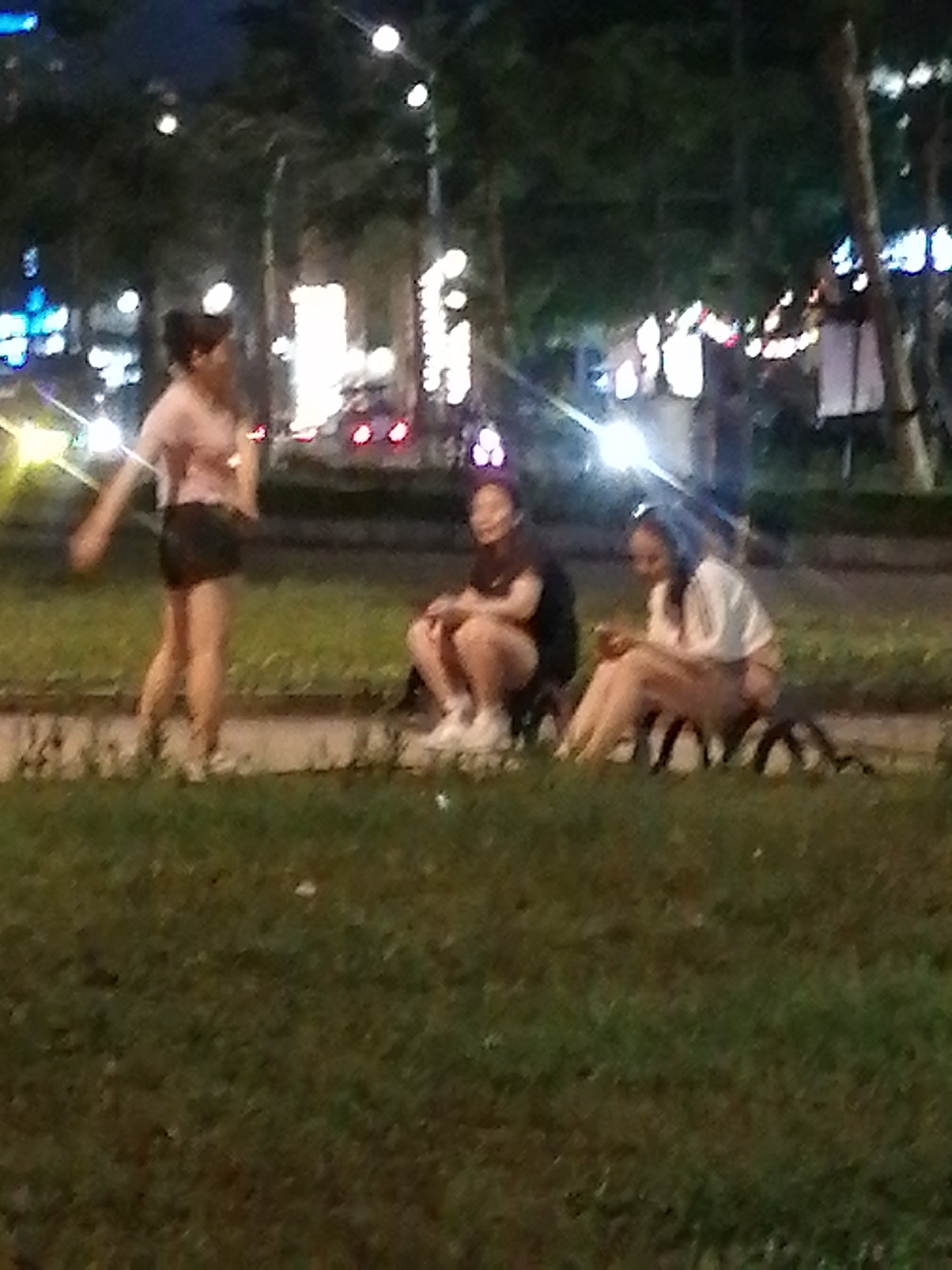 The image captures an outdoor night scene in Bai Chay Ward, Vietnam, featuring three young women in a casual setting. The overall photograph is blurry due to low light conditions and motion.
In the foreground and midground, a grassy area separates the viewer from the subjects. On the left, one woman stands, facing partially right. She wears a light-colored (possibly pink or beige) t-shirt and dark shorts, with light-colored sneakers. Her right arm is slightly raised and blurred, suggesting movement or gesturing.
To her right, two other women are seated on what appear to be small, dark, portable stools or low benches positioned on the edge of the grassy area or a low paved curb. The woman in the middle wears dark clothing, including shorts, and seems to be looking forward, possibly interacting with the standing woman. The woman on the far right wears a light-colored top and light-colored shorts, and is looking down at something in her hands, possibly a mobile phone. Both seated women are wearing sneakers.
The background is dark, indicating nighttime, illuminated by numerous artificial lights. These lights, likely from streetlights, buildings, and possibly decorative string lights, appear as blurred orbs and streaks of varying colors, predominantly white, yellow, and red. Trees line the background, their dark forms silhouetted against the lights. There are no clearly discernible signs or text visible due to the blurriness and distance. The scene suggests a relaxed evening gathering or conversation among friends.