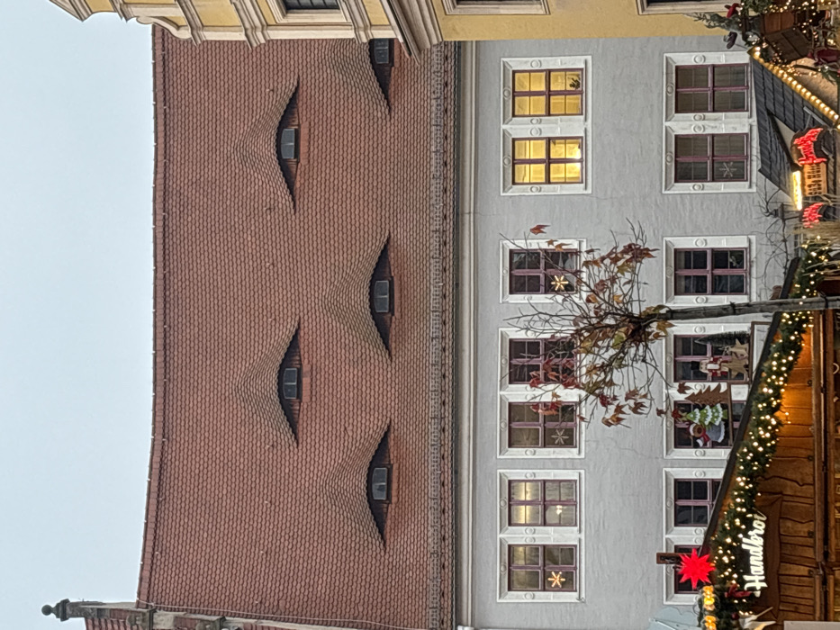This image captures a multi-story building located in Meissen, Germany, during what appears to be a festive market season. The central structure features a large, red-tiled hip roof with six prominent "eyelid" dormer windows, arranged with one at the top, two below it, and three at the bottom row. Below the roofline, the building's facade is painted a light gray, displaying two visible rows of rectangular windows with reddish-brown frames.
On the upper floor, five windows are visible. The first, third, and fifth windows from the left each contain a white snowflake decoration. The fourth and fifth windows from the left emit a warm yellow interior light. On the partially visible lower floor, four windows display similar frames. The two central lower windows showcase wooden Christmas figurines, including an angel, a Christmas tree, and a Santa Claus figure.
In the foreground, a slender, bare deciduous tree with sparse, reddish-brown leaves stands centrally, partially obscuring the lower facade. Below the tree, the tops of several wooden market stalls are visible. The leftmost stall features a "Handbrot" sign, a large red star, and is adorned with string lights. Another stall to the right also displays string lights and festive decorations. A portion of a yellow building with an ornate baroque-style gable is visible on the far right, adjacent to the central gray building. The sky is overcast and light gray. No individuals are clearly discernible.