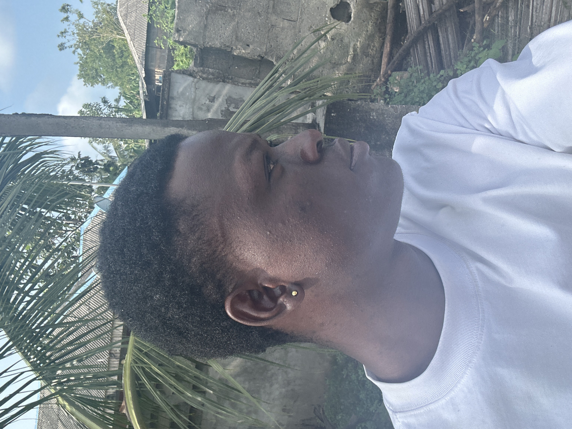 A medium close-up side profile shot shows a young Black male with dark skin and short, curly black hair, facing right. He is wearing a plain white crew-neck t-shirt. A small, round gold stud earring is visible in his left ear.
The background suggests an outdoor, possibly rural, setting in Badagry, Nigeria. To the left, palm fronds from a large tree cast shadows. Behind the subject, a concrete wall runs horizontally, with sections appearing weathered and broken. Further back, several structures with corrugated metal roofs are visible, indicative of local housing. A rough wooden post stands vertically to the right of the subject's head. The ground is covered with sparse greenery and debris, including what appears to be a pile of wooden planks or branches. The sky above is blue with scattered white clouds. The lighting indicates it is daytime, likely late morning or early afternoon.