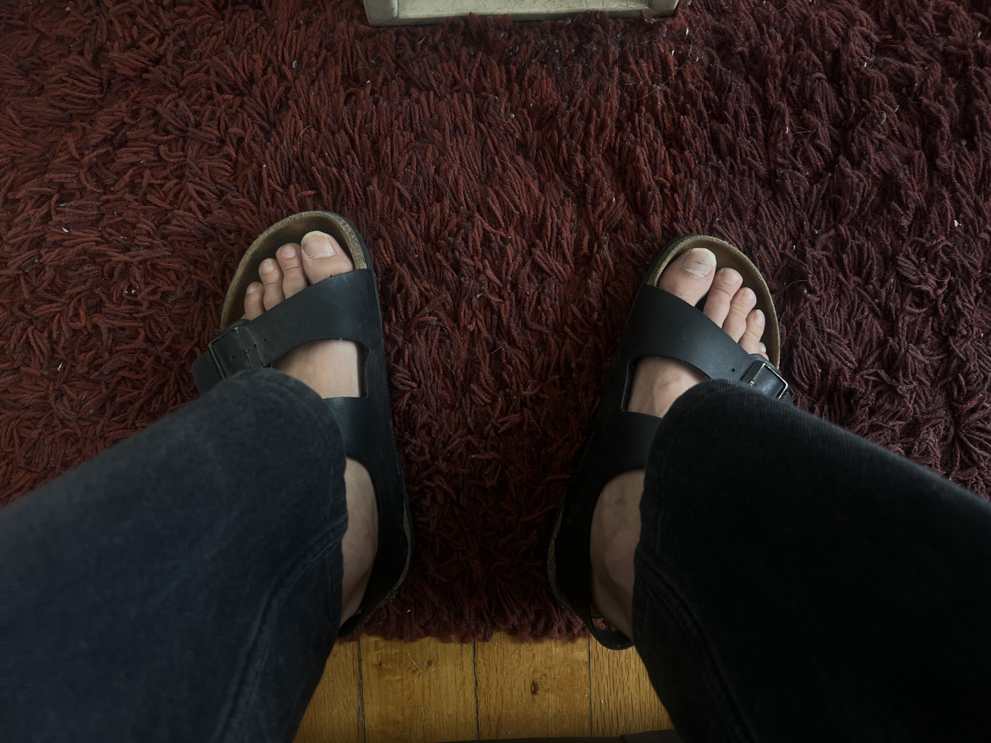 An overhead shot captures a person's feet and lower legs, clad in dark pants and black Birkenstock-style sandals, standing or sitting on a shaggy, dark red or maroon rug. The rug covers the majority of the floor visible, with a section of wooden flooring exposed at the bottom of the frame. Small specks, possibly lint or debris, are scattered across the rug's surface.
The sandals feature a single wide strap with a buckle over the instep, and the natural cork footbeds show signs of wear and toe impressions. The person's toes are visible, with toenails appearing natural and unpolished. The dark pants are likely jeans or a similar casual material, with visible seams along the legs. A light-colored object, possibly a piece of furniture or a wall, is partially visible at the very top edge of the image, behind the rug. The lighting suggests an indoor setting, but the time of day is not discernible. No text is visible in the image.