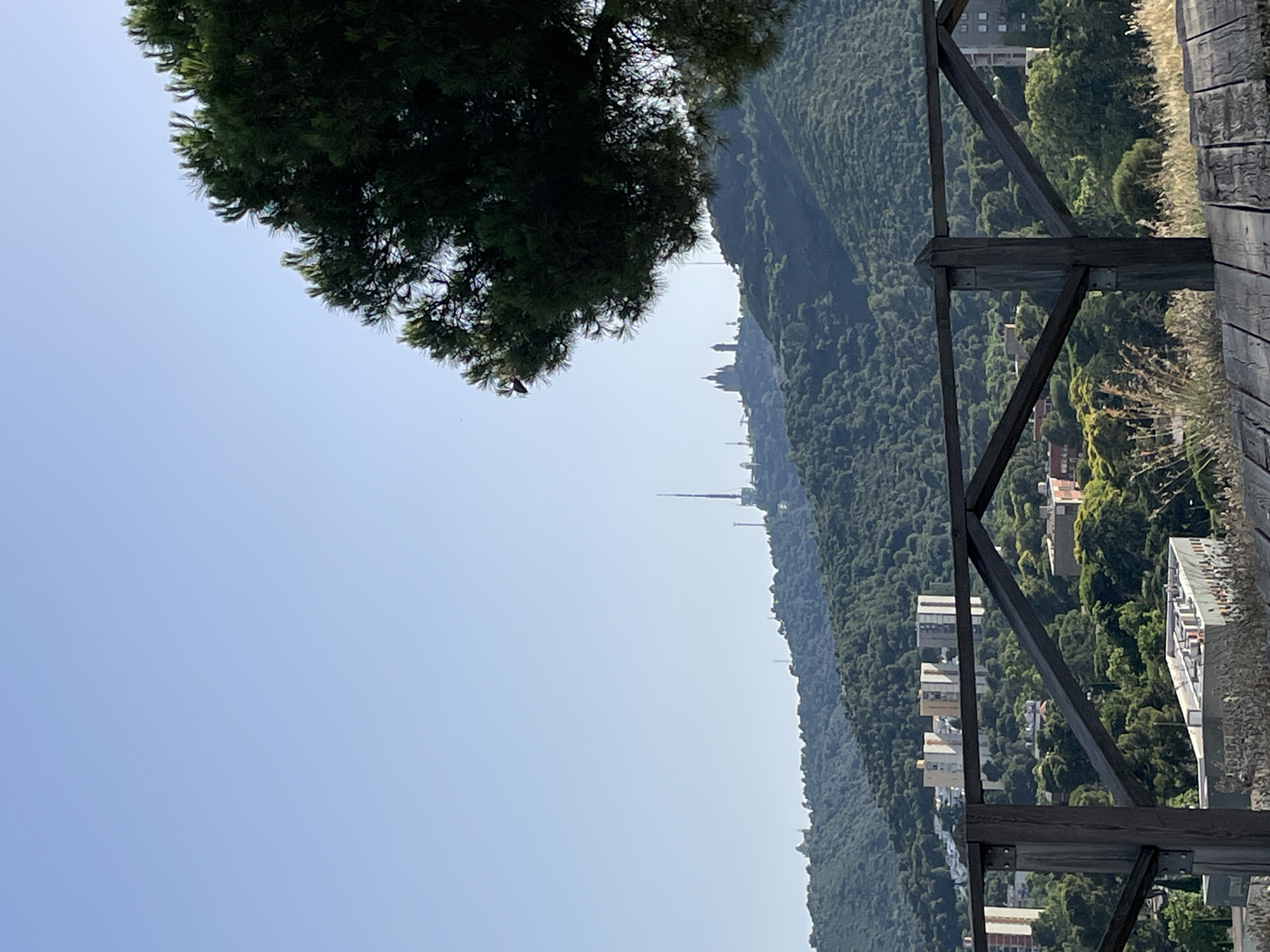 The image depicts a panoramic view of Barcelona, Spain, likely from a vantage point overlooking the city and the surrounding Collserola mountain range. In the foreground, a wooden fence with diagonal supports frames the scene, with some dry grasses and wooden planks visible at the bottom. Beyond the fence, the middle ground shows a dense, green, tree-covered hillside dotted with buildings, including several multi-story residential structures with light-colored facades.
The background is dominated by the undulating topography of the Collserola mountains, also densely forested. Prominently visible on one of the peaks are several structures, including a tall, slender telecommunications tower and what appears to be a church or religious complex with multiple domes and spires. The sky is a clear, pale blue, indicating fair weather. The lighting suggests it is daytime, possibly late morning or early afternoon, with soft shadows. There are no people or animals visible in the frame.
