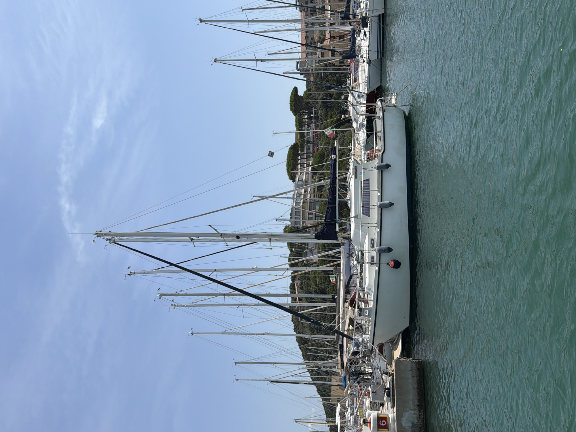 The image shows a view of a marina in Punta Ala, Italy, on a clear, sunny day. In the foreground, the turquoise water of the marina is visible, with ripples on the surface. Several sailboats are docked, with their masts and rigging extending upwards into the blue sky. The main focus is a white sailboat in the middle of the frame, which has a dark blue sail cover visible. Other sailboats are moored to its left and right, forming a dense arrangement. In the background, a densely wooded hillside rises, with buildings and trees dotting its slopes. The architecture of the buildings appears to be modern, with large windows and balconies. A small Italian flag is visible on one of the sailboats. There are no people visible in the image. The overall scene depicts a tranquil harbor scene under a bright sky.