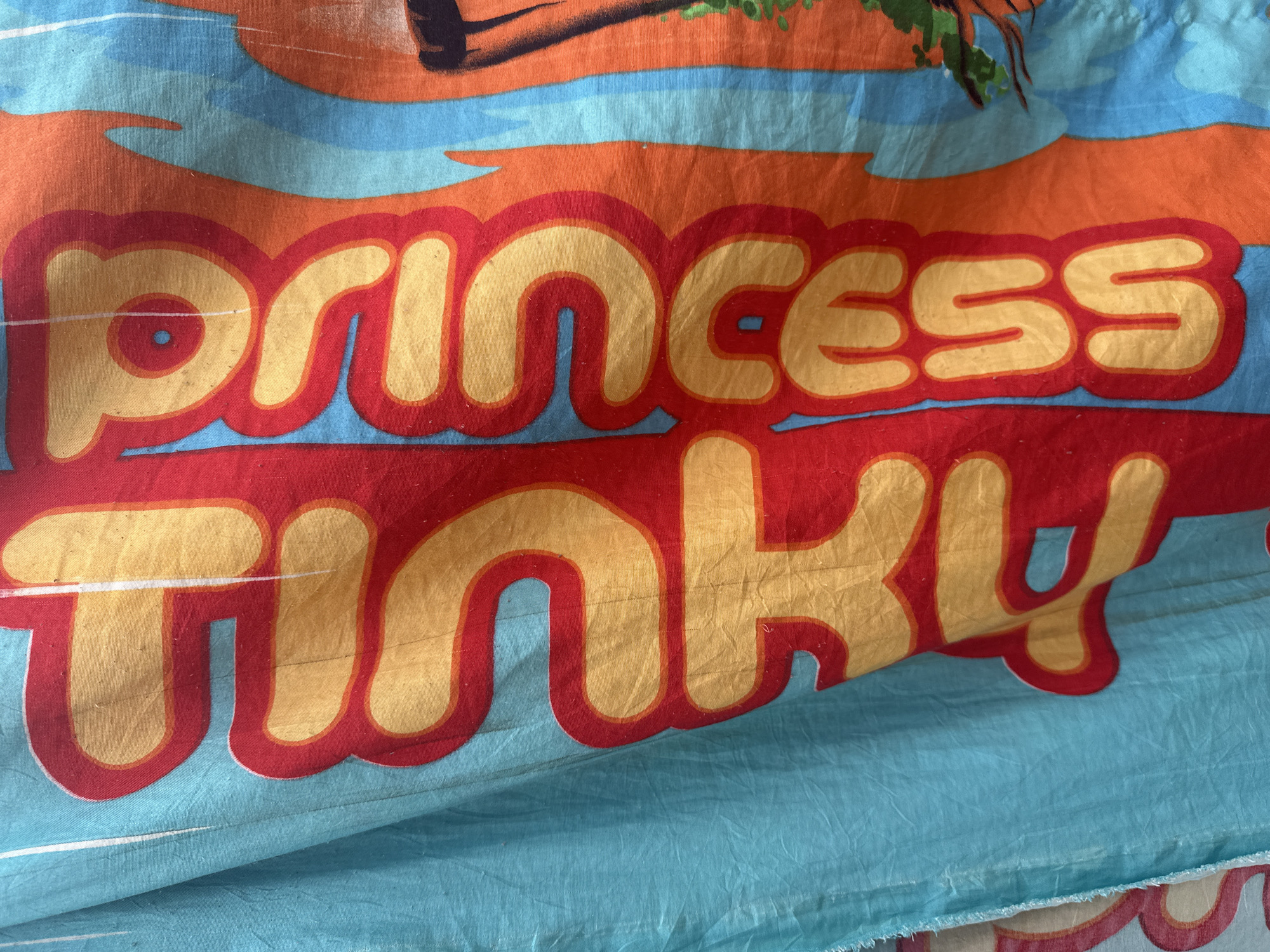 This media file is a close-up shot of a fabric with bold, colorful lettering. The text reads "PRINCESS TINKY" in a playful, stylized font. The letters are outlined in red and filled with yellow, with a thin blue border. The background appears to be a light blue fabric, possibly a sheet or a piece of clothing. Above the text, there are abstract shapes in orange and blue, suggestive of a landscape or a water scene. There are also hints of green at the top, which could be foliage. The fabric has some creases and appears slightly worn, with some dust or lint visible on its surface, especially on the yellow lettering. There are no people or distinct objects visible, and the focus is solely on the text and the surrounding abstract design. The image does not provide any direct cues about the time of day, weather, or a specific location beyond what is implied by the design on the fabric itself.