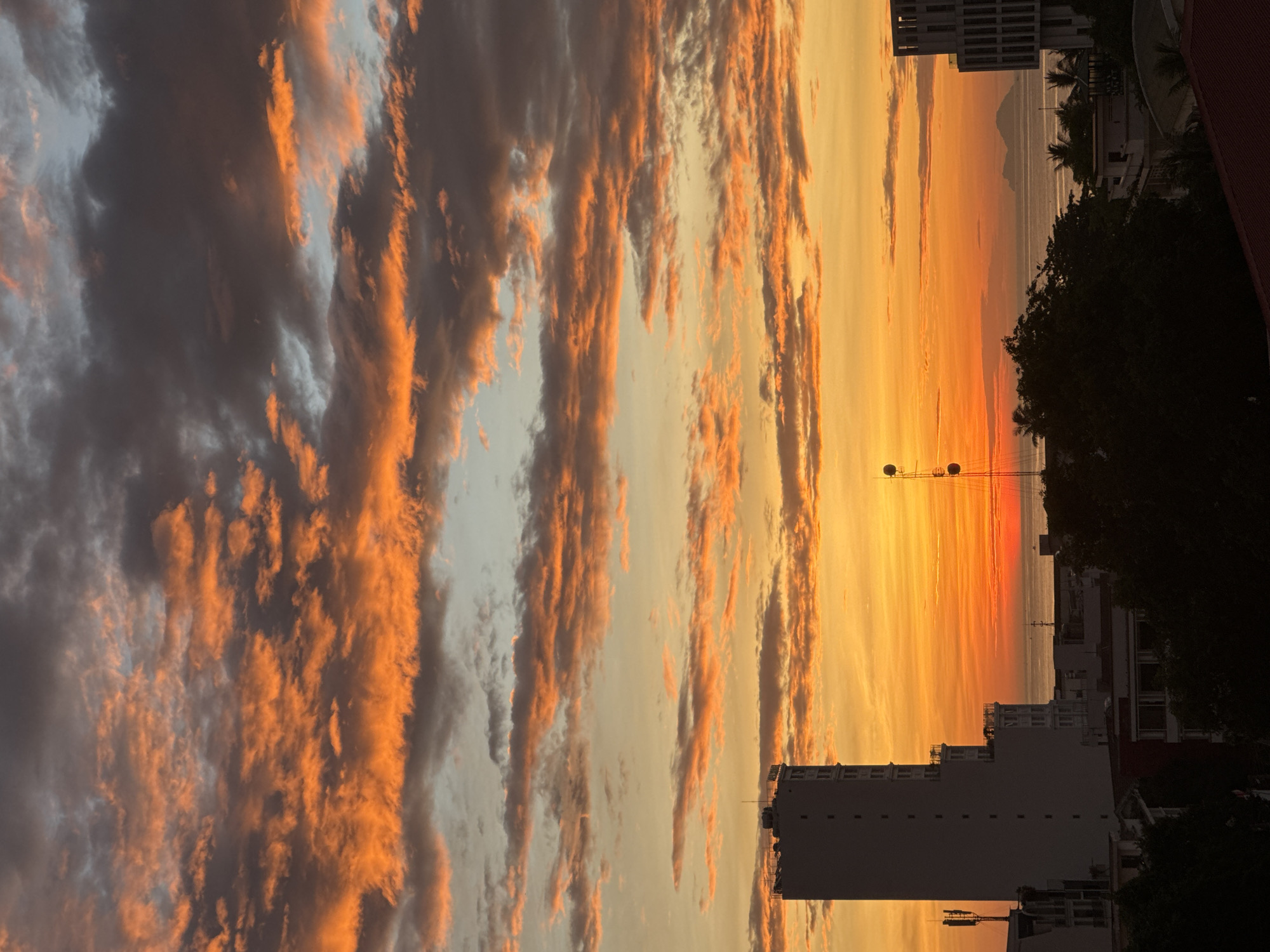 This image captures a vibrant sunset over Nha Trang, Vietnam. The sky is ablaze with fiery orange and yellow hues, with scattered clouds tinged with crimson and grey. In the foreground, a tall, modern white building dominates the left side of the frame, its structure detailed with numerous windows and a flat rooftop. To the right, another building with a distinctive patterned facade is partially visible. Silhouetted trees in the lower portion of the image add depth and contrast to the illuminated sky. In the distance, the calm sea stretches out, with a faint outline of islands on the horizon. A tall antenna structure with multiple dishes stands near the center right of the image, adding a touch of urban infrastructure to the natural beauty of the sunset. The scene is tranquil, with no people or animals visible.