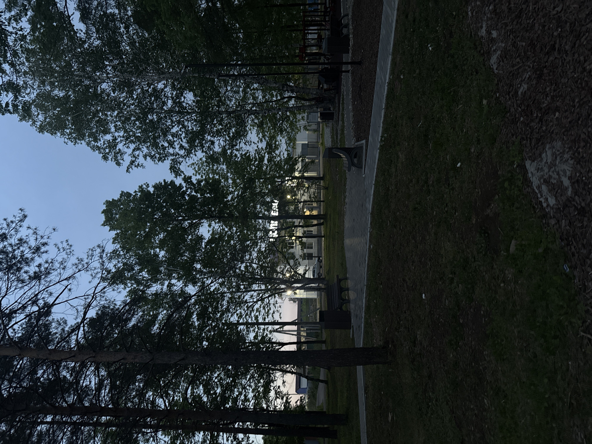 An outdoor photograph captures a park or green space at dusk or early evening in Birobidzhan, Russia. The scene is dominated by numerous trees with dense green foliage, featuring both slender, light-barked trees resembling birch and darker, thicker-trunked trees possibly pines. The sky, visible through the tree canopies, is a pale blue, indicative of the receding daylight.
A light-colored paved pathway, likely concrete, extends through the park, separating a grassy area from a darker, possibly mulched or dirt ground. Several dark park benches and a trash can are spaced along this pathway. In the mid-ground and background, modern multi-story buildings are visible, with internal or street lights casting a glow, further emphasizing the twilight hour. A fence also appears to delineate part of the park from the background structures.
The park appears unoccupied, contributing to a calm and peaceful atmosphere. There is no specific activity taking place, and no people or visible text are discernible in the image. The lighting creates deep shadows among the trees and along the ground, highlighting the transition from day to night.