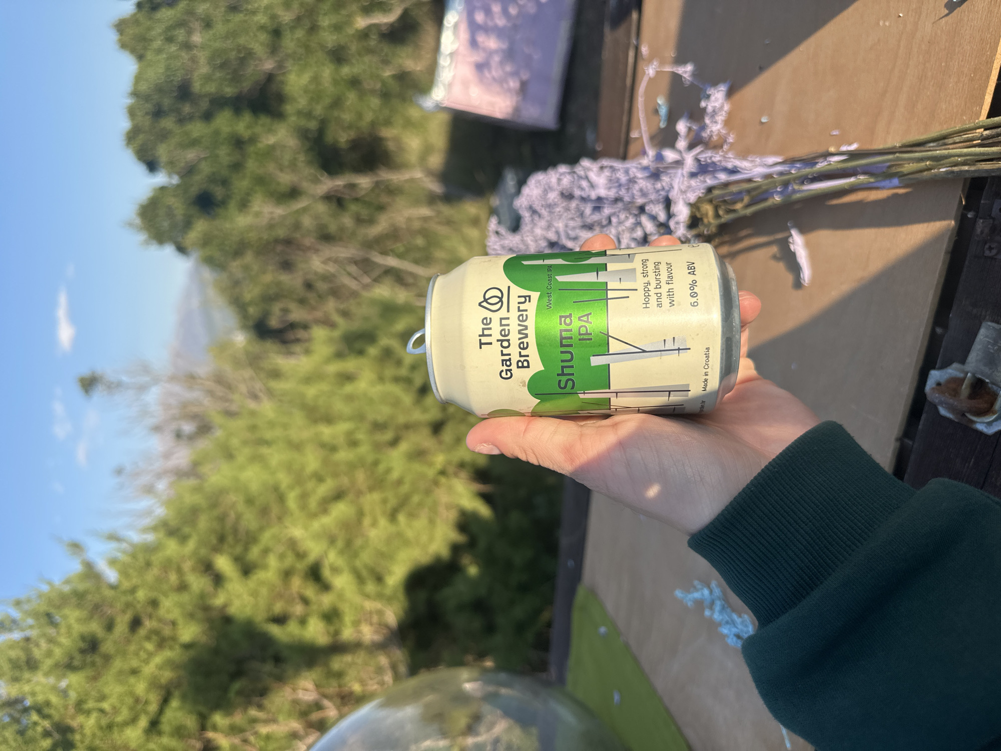 A hand holds a can of "The Garden Brewery" Shuma IPA (West Coast IPA, 6.0% ABV, Made in Croatia). The can's design includes green stripes and text. The hand is wearing a dark green sleeve. The background is blurred and includes green trees, a blue sky, and what seems to be a landscape. There is material, lavender and a glass bowl also in the scene. The image was taken outdoors, near Radovići, Montenegro.