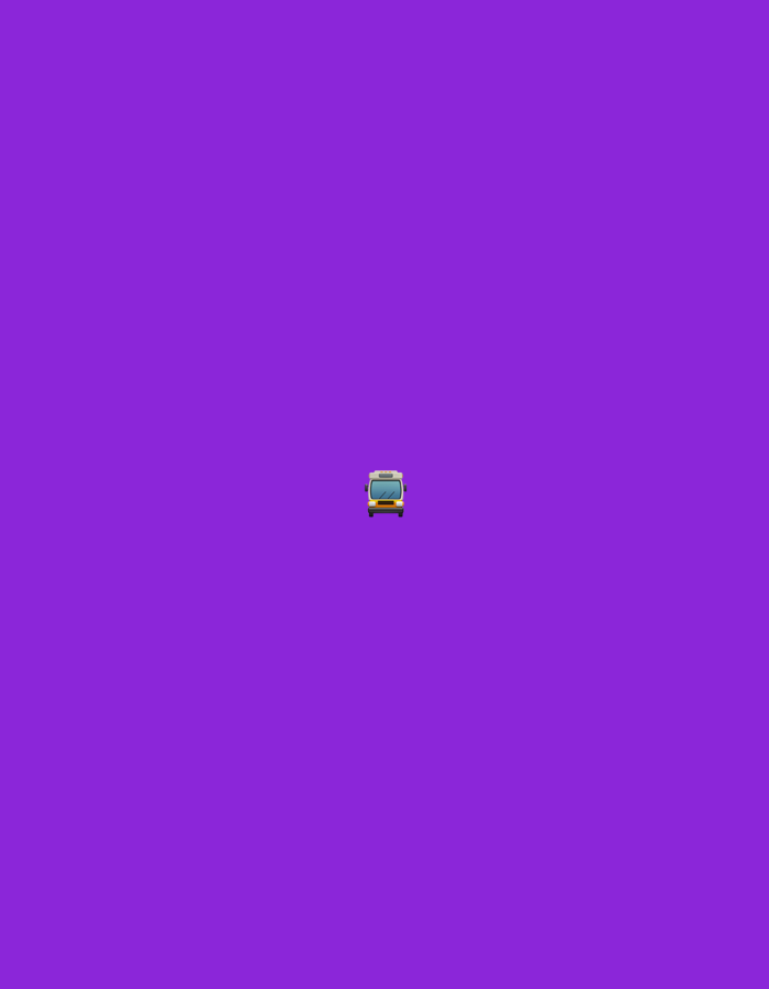 A small, yellow emoji of a bus is centered on a plain purple background. The bus emoji has black windows and blue accents.