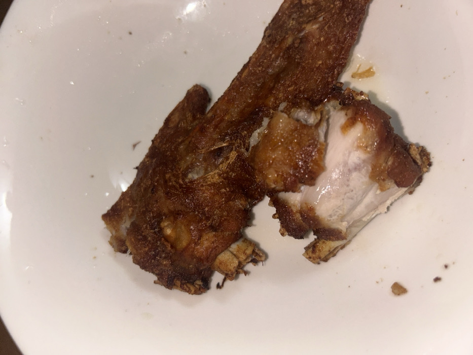 The image displays a white ceramic plate containing two pieces of deep-fried poultry or meat. A larger, elongated piece with a dark brown, crispy exterior extends diagonally from the upper right towards the lower left of the plate. Below and to the left, a smaller, partially consumed piece reveals light-colored, cooked flesh beneath its browned skin. Minimal food debris and grease residue are present on the plate's surface. The scene is located in the city of Egbe, Nigeria.